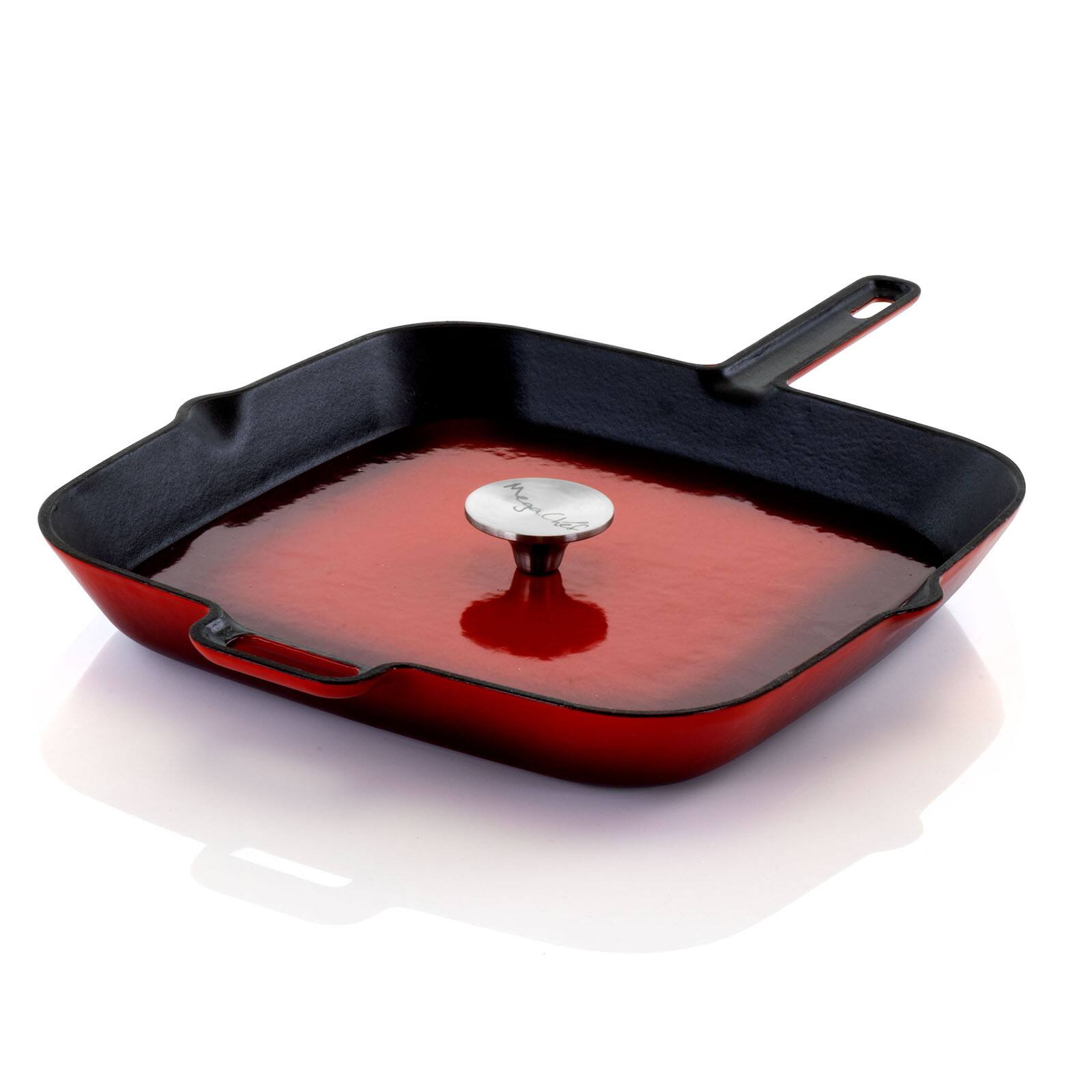 MegaChef 11" Square Red Enamel Cast Iron Grill Pan with Matching Grill Press