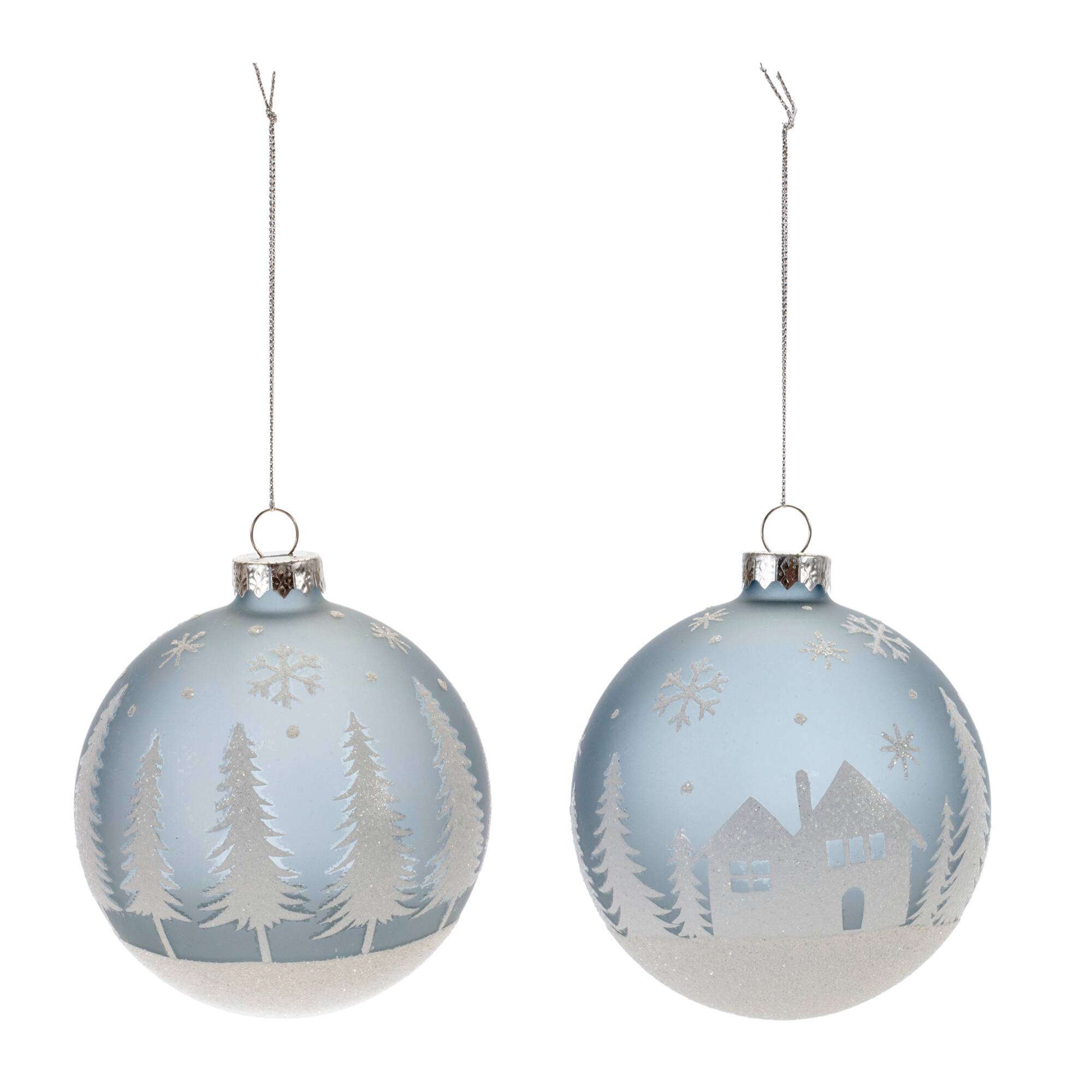 4&#x22; Frosted Forest &#x26; Village Glass Ball Ornament Set