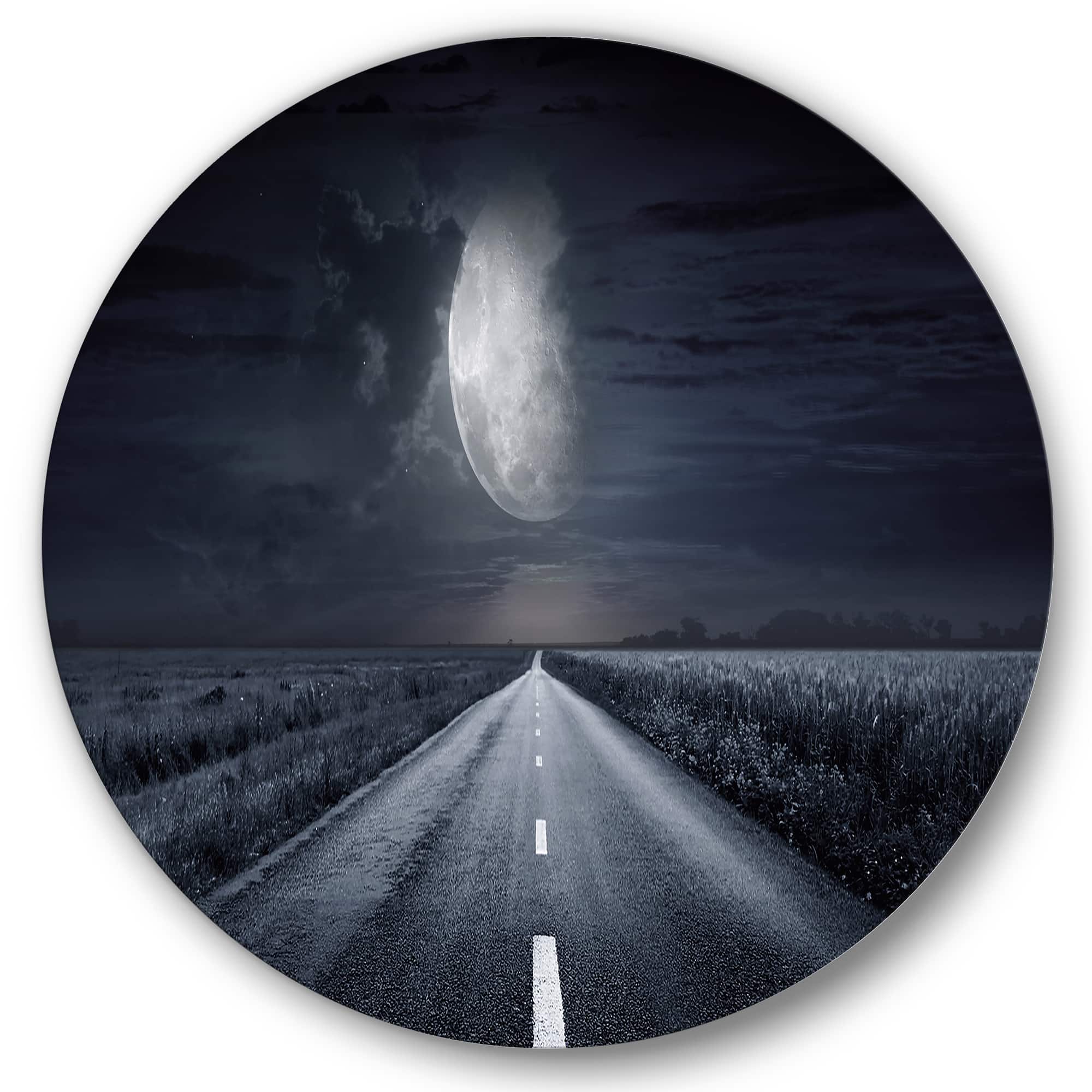 Designart - Asphalt Road Under Cloudy Full Moon III - Nautical &#x26; Coastal Metal Circle Wall Art