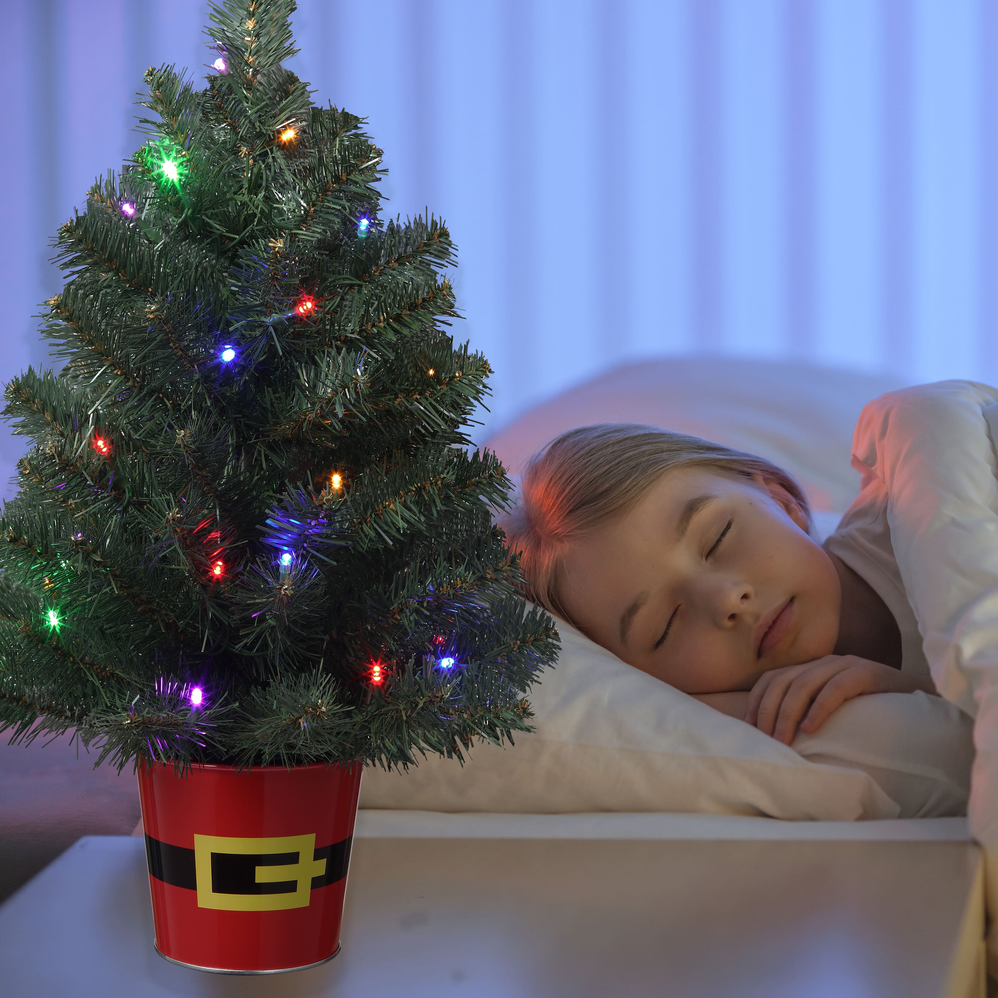 20&#x22; Pre-Lit Night Night&#x2122; Classic Pine Artificial Tabletop Christmas Tree in Santa Belt Base, Multicolor LED Lights