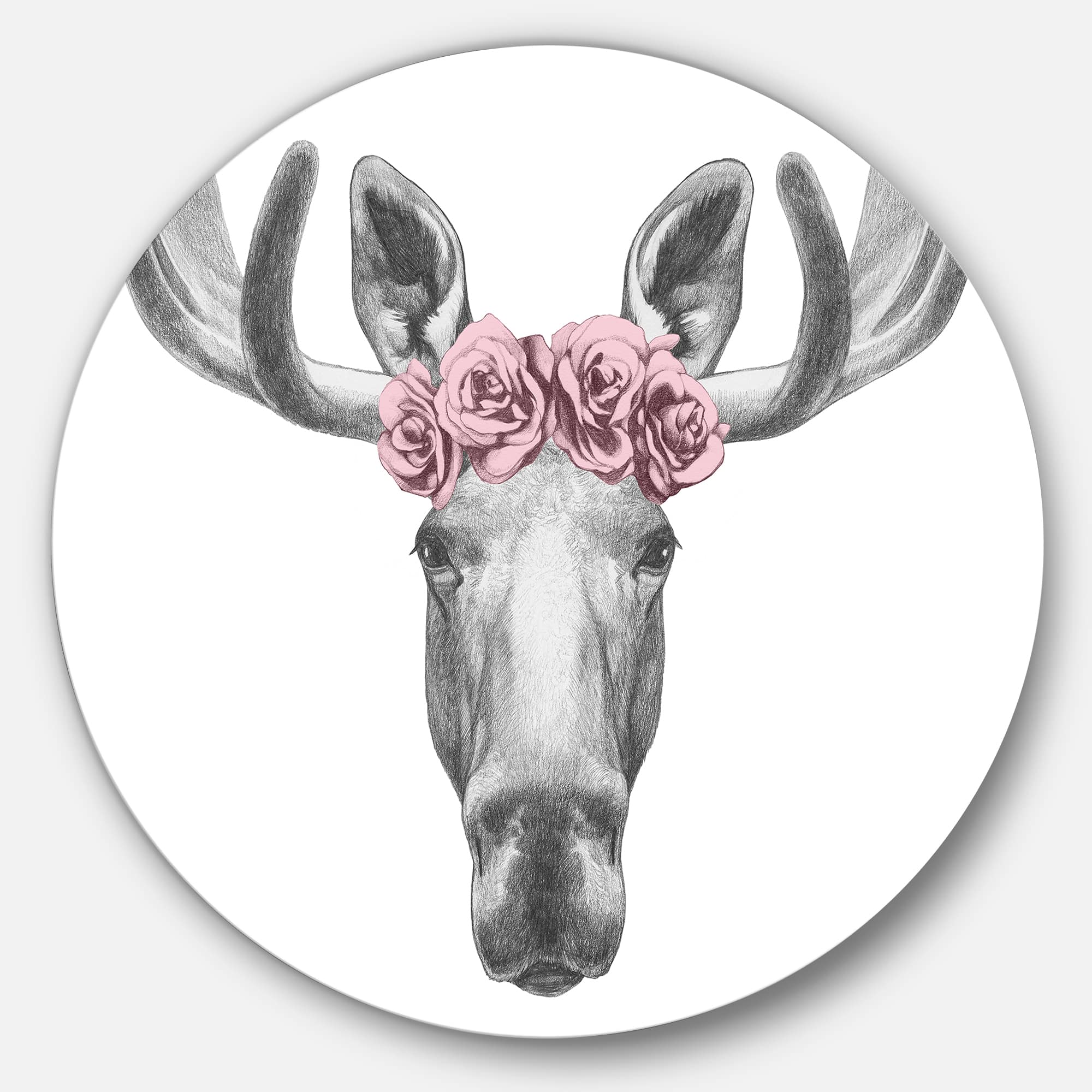 Designart - Moose with Floral Head Wreath&#x27; Ultra Glossy Moose Metal Circle Wall Art