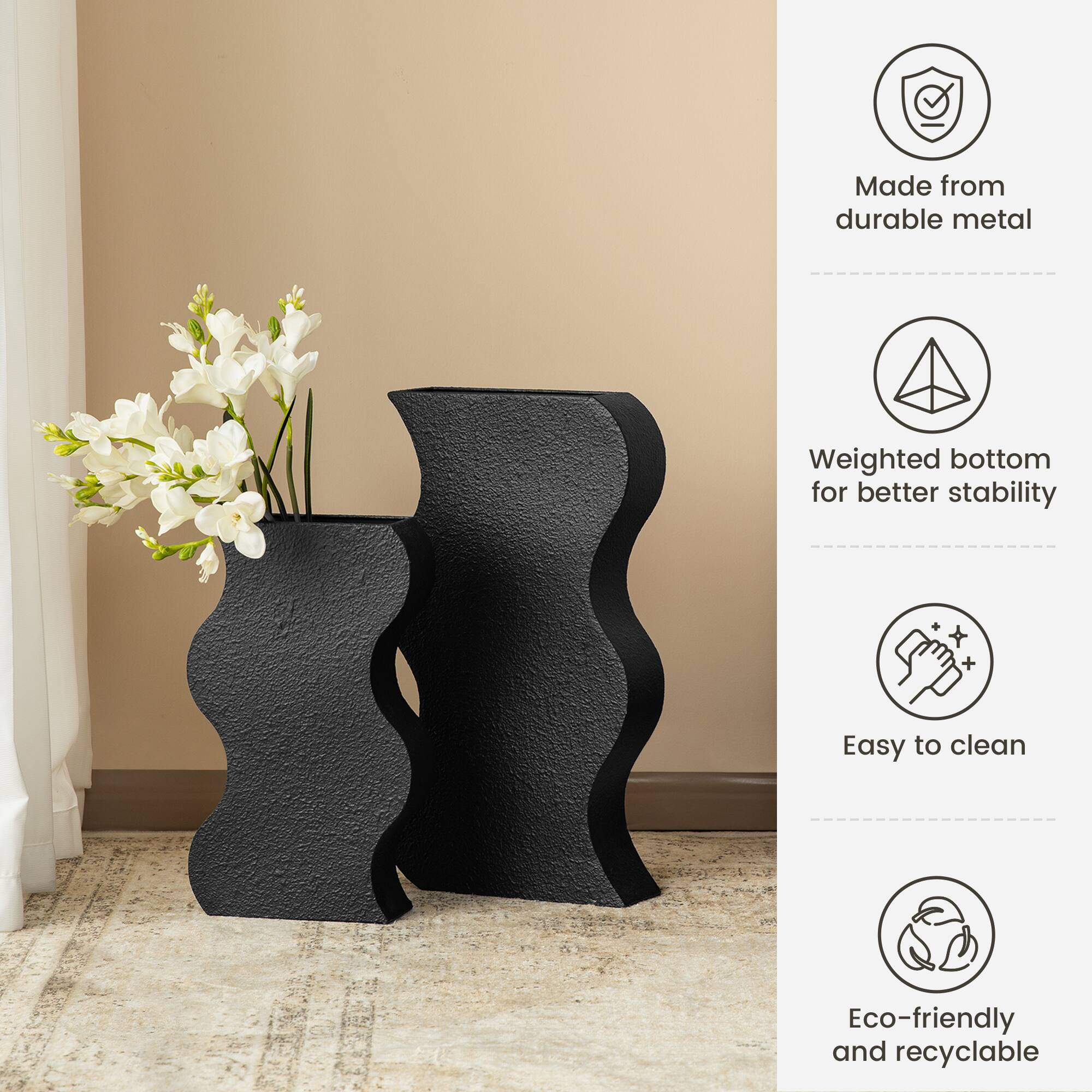 Glitzhome® Modern Black Textured Ripple Metal Floor Vases Set