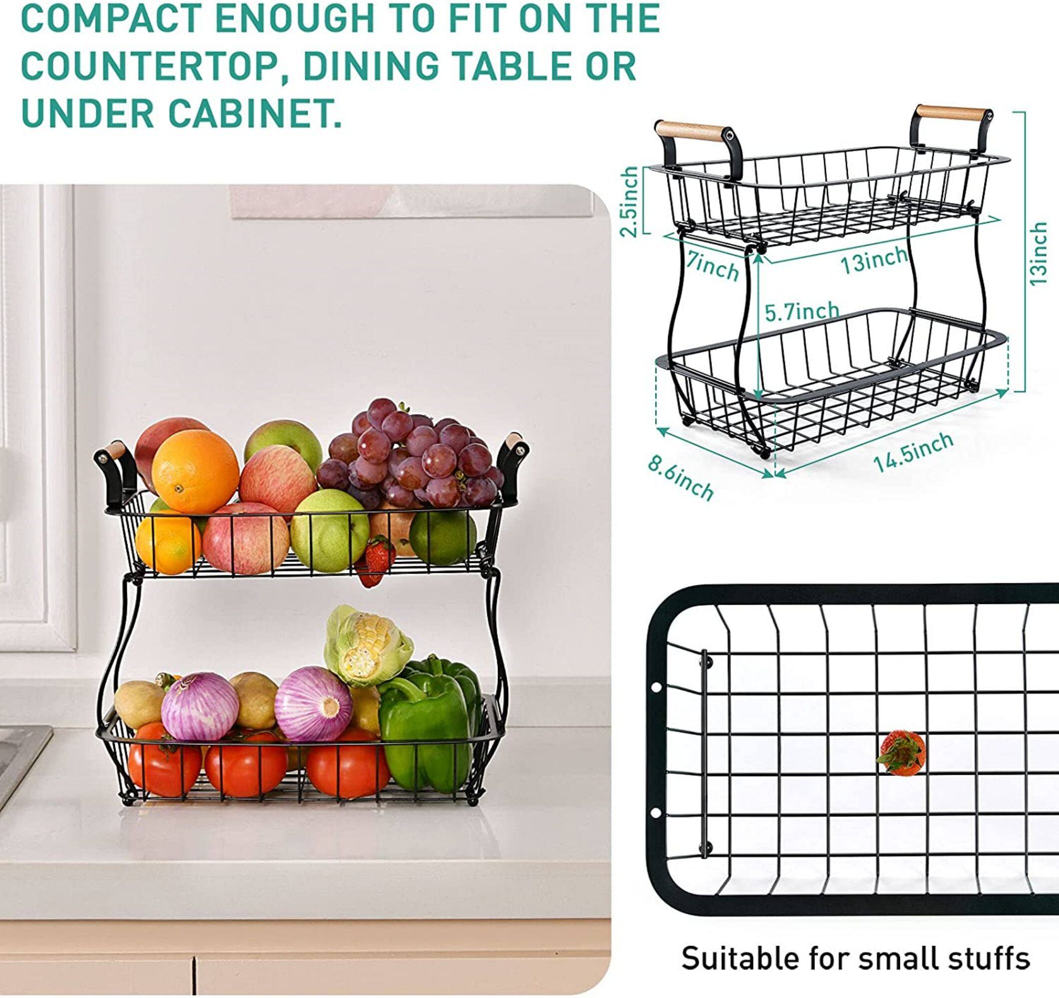 NEX&#x2122; 13&#x22; Black 2-Tier Countertop Fruit &#x26; Vegetable Storage Basket
