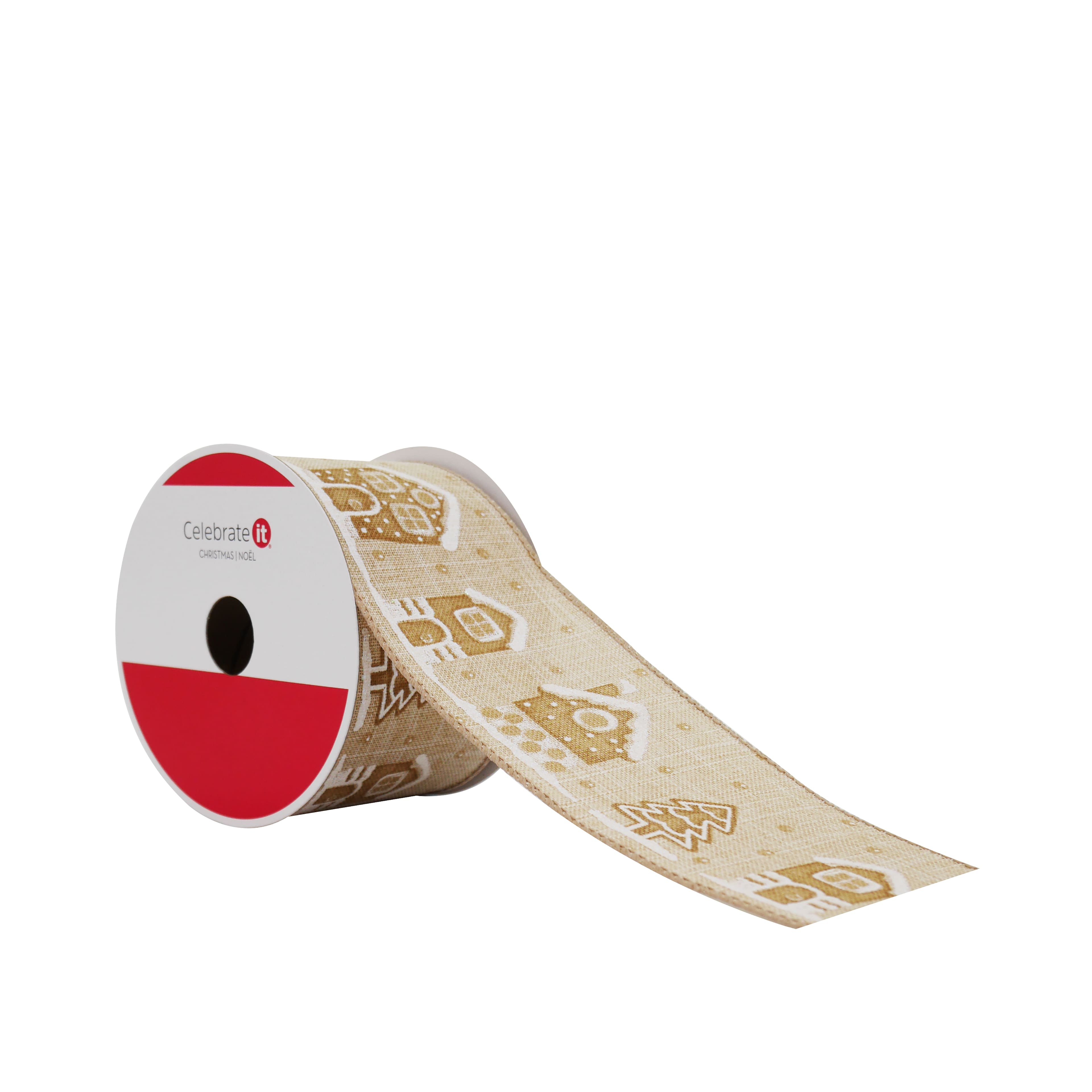 2.5&#x22; x 20 ft. Gingerbread Village Wired Faux Linen Ribbon by Celebrate It&#xAE;