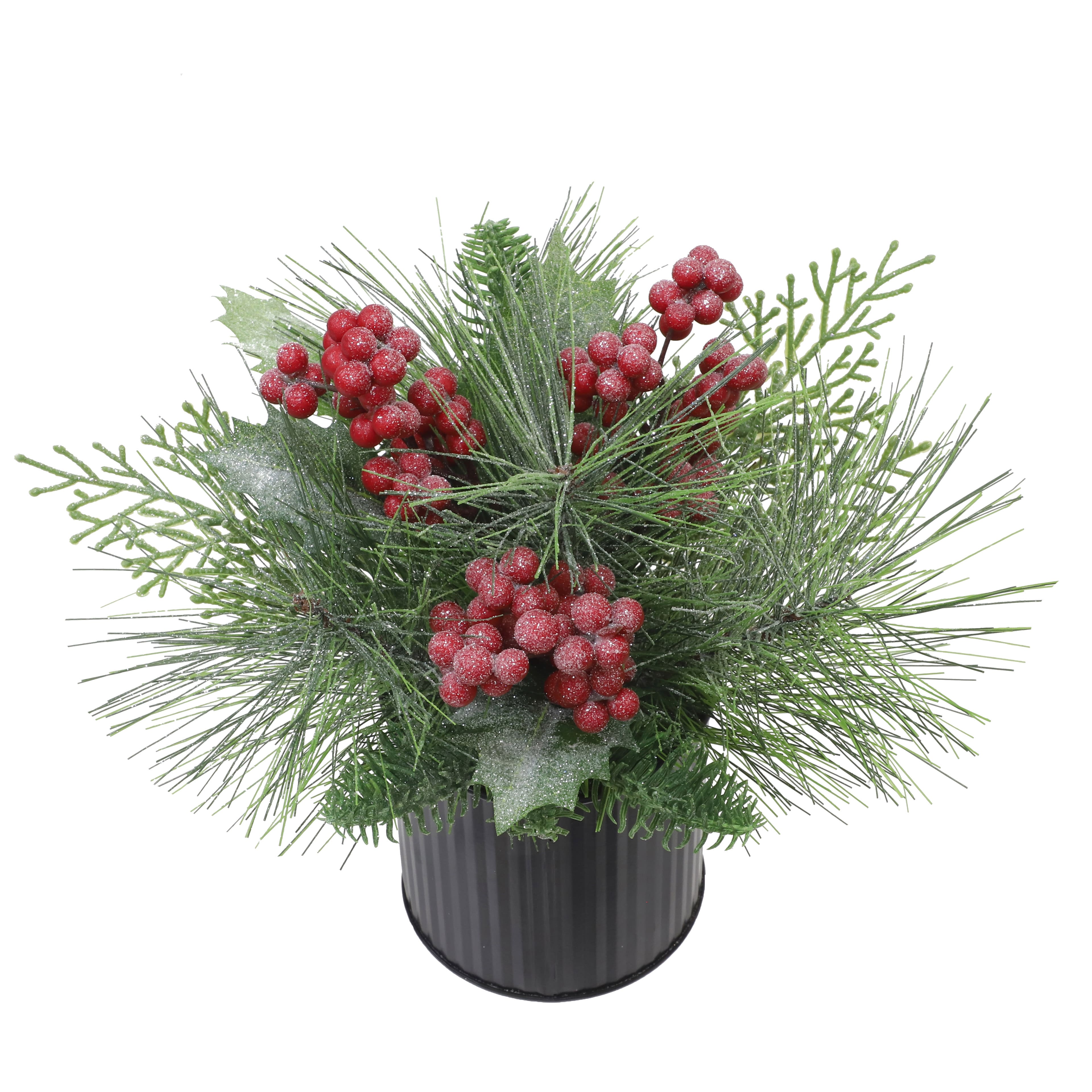 9.5" Glitter Pine, Cedar, Holly & Red Berry Arrangement in Black Metal Pot by Ashland®