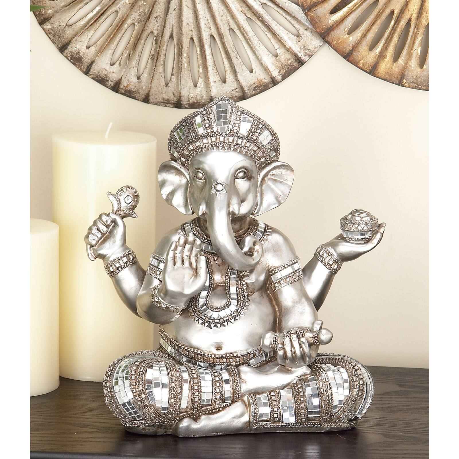 12" Silver Polystone Ganesh Meditating Sculpture