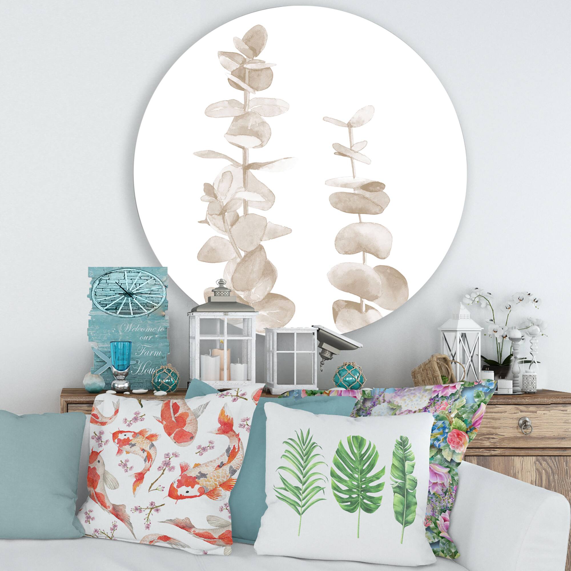 Designart - Beige Eucalyptus Branches On White - Traditional Metal Circle Wall Art