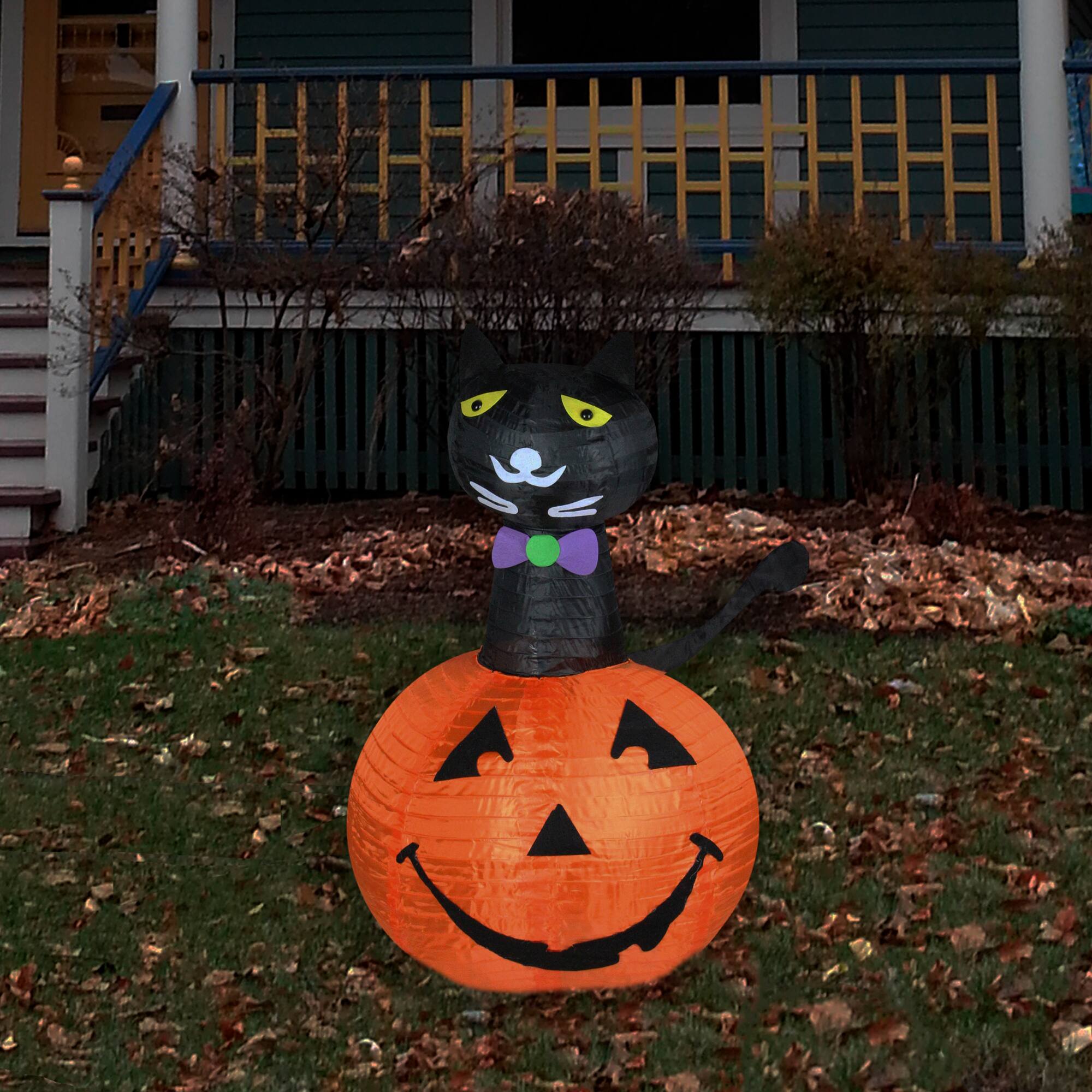36" Pre-Lit Black Cat In Pumpkin Halloween Outdoor Decoration