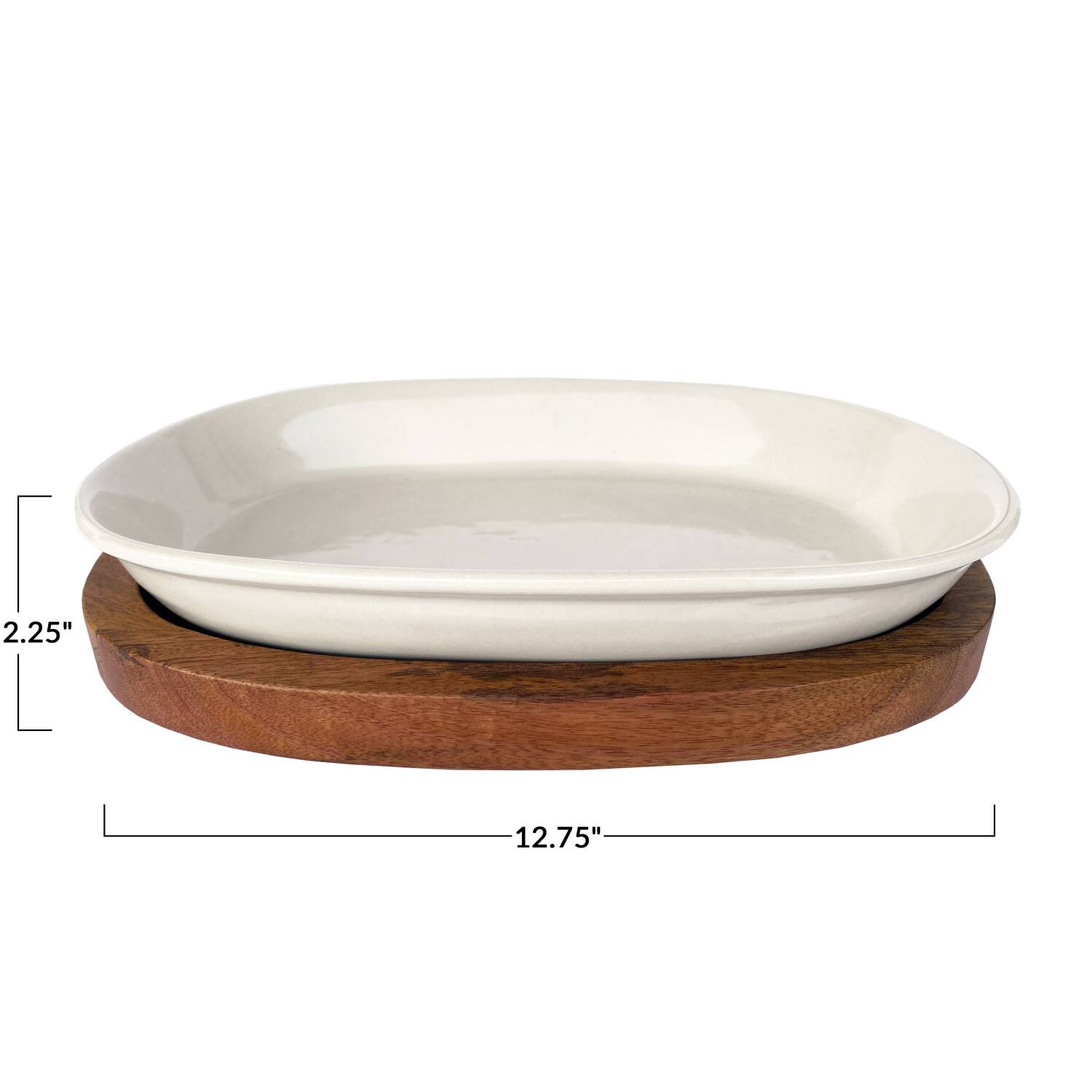 Hello Honey&#xAE; 13&#x22; Cream Stoneware Serving Dish with Natural Mango Wood Base