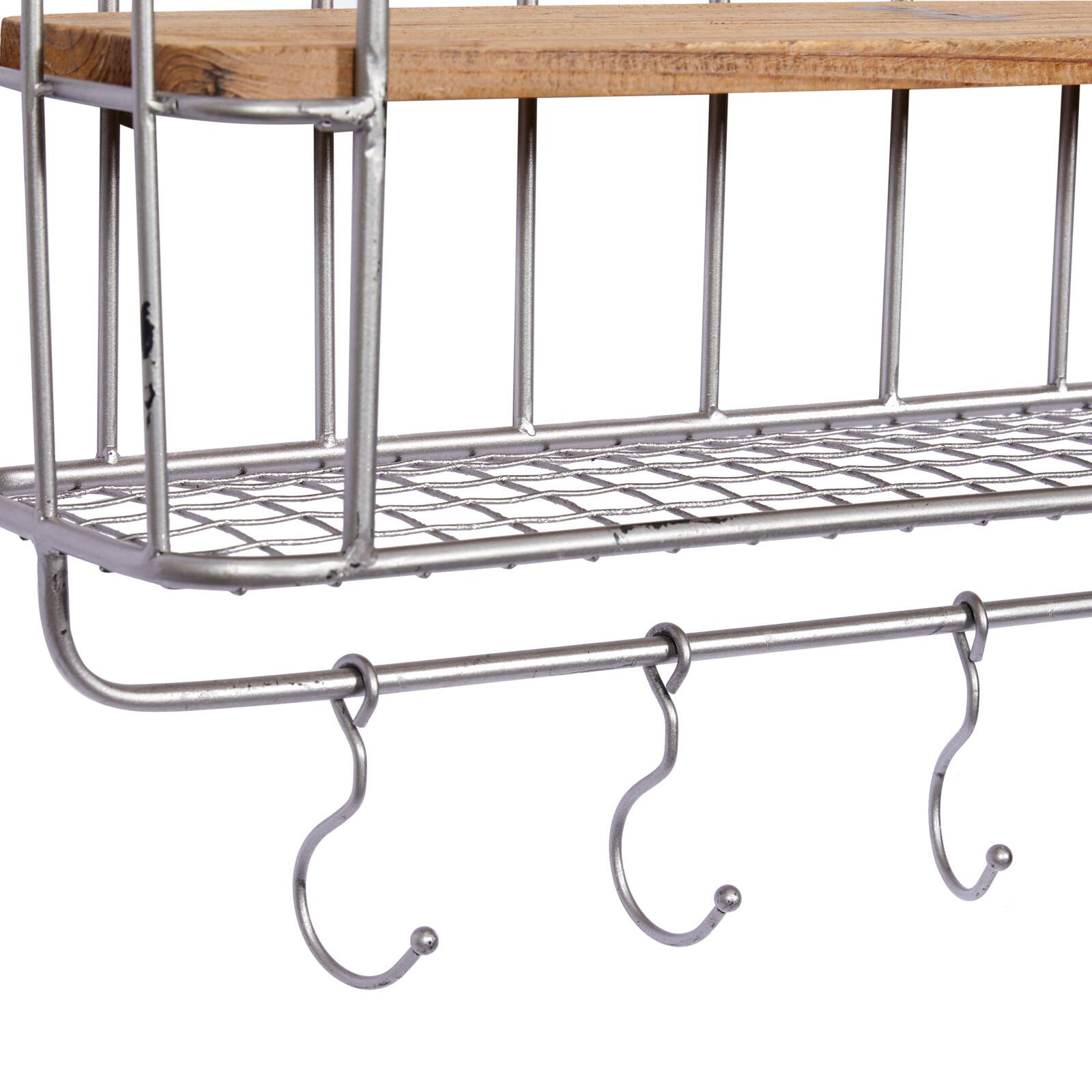 Set of 2 Silver Metal Basket & Wooden Wall Shelf Units With Hooks