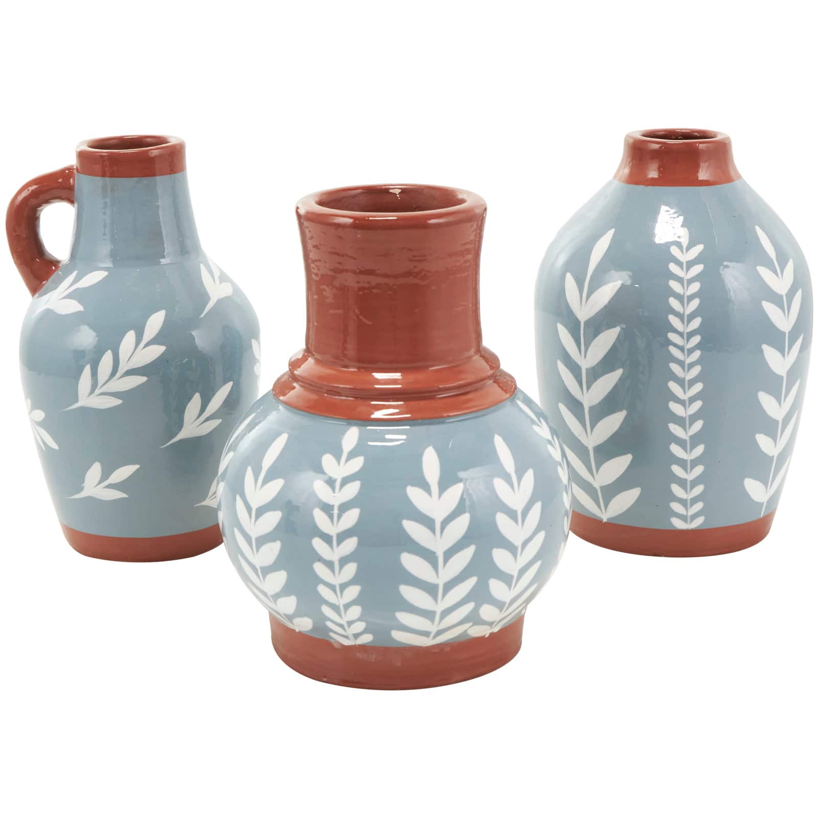 9" Blue Ceramic Floral Vase with Terracotta & White Detailing Set