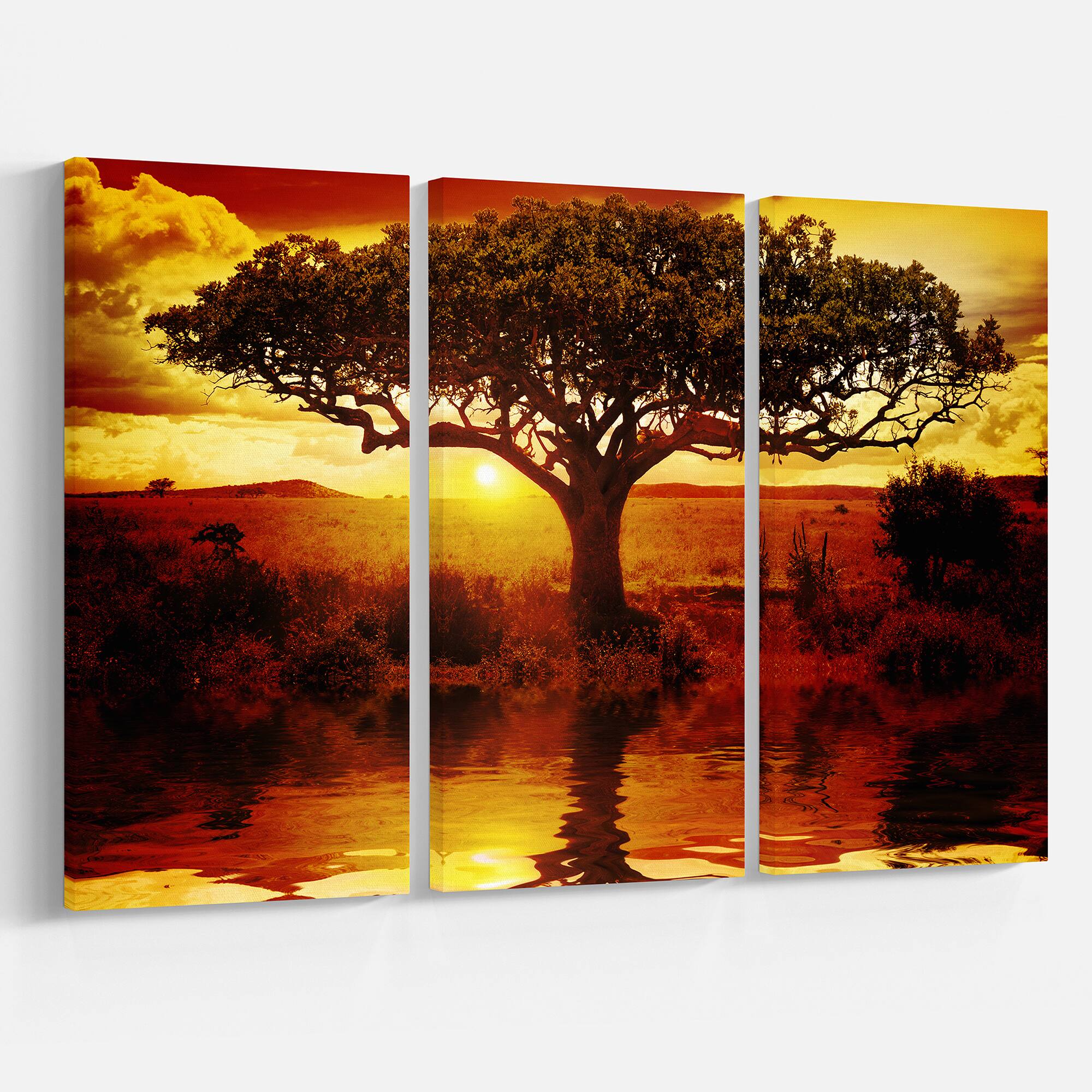 Designart - Lonely Tree in African Sunset - Oversized African Landscape Canvas Art