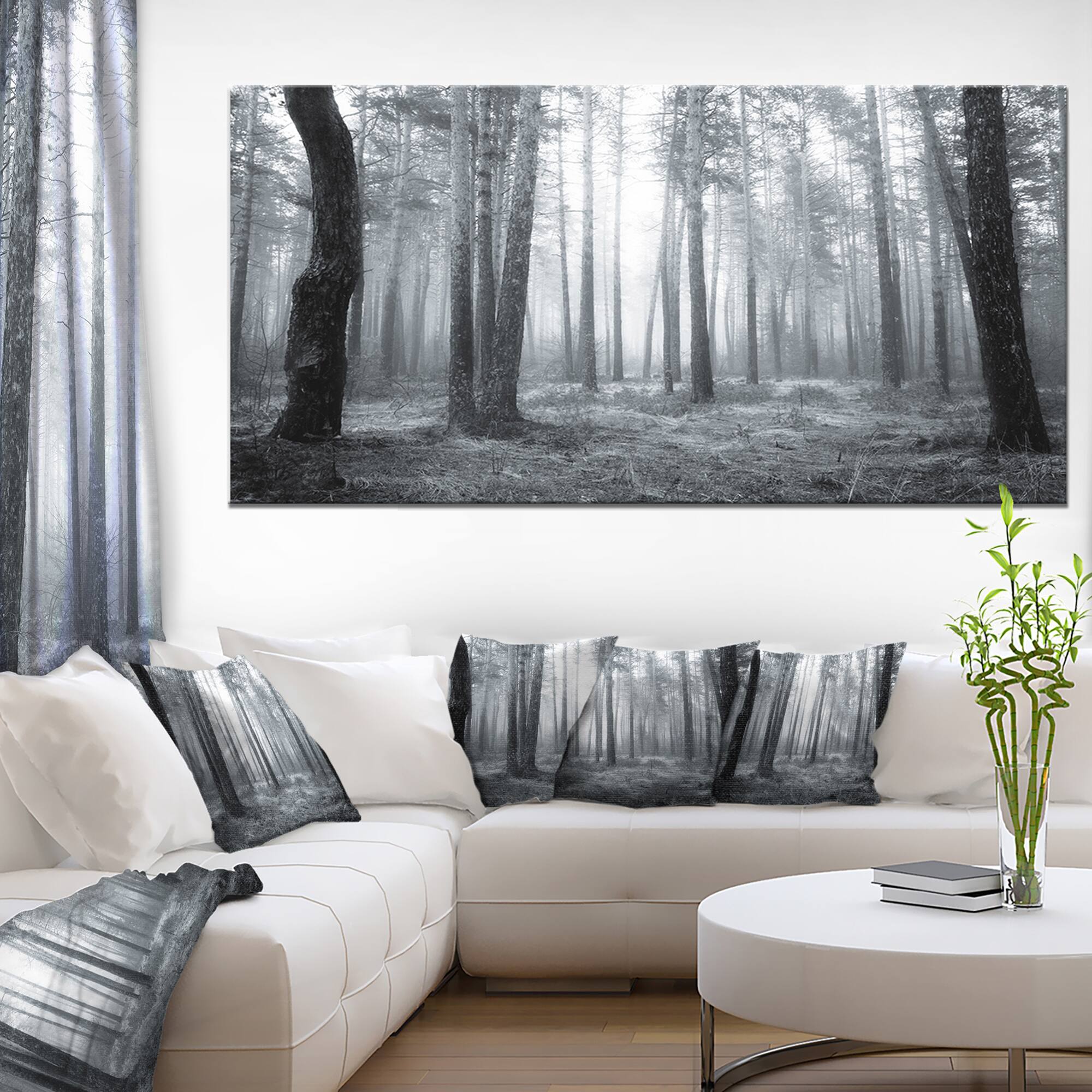 Designart - Black and White Foggy Forest - Forest Canvas Art Print