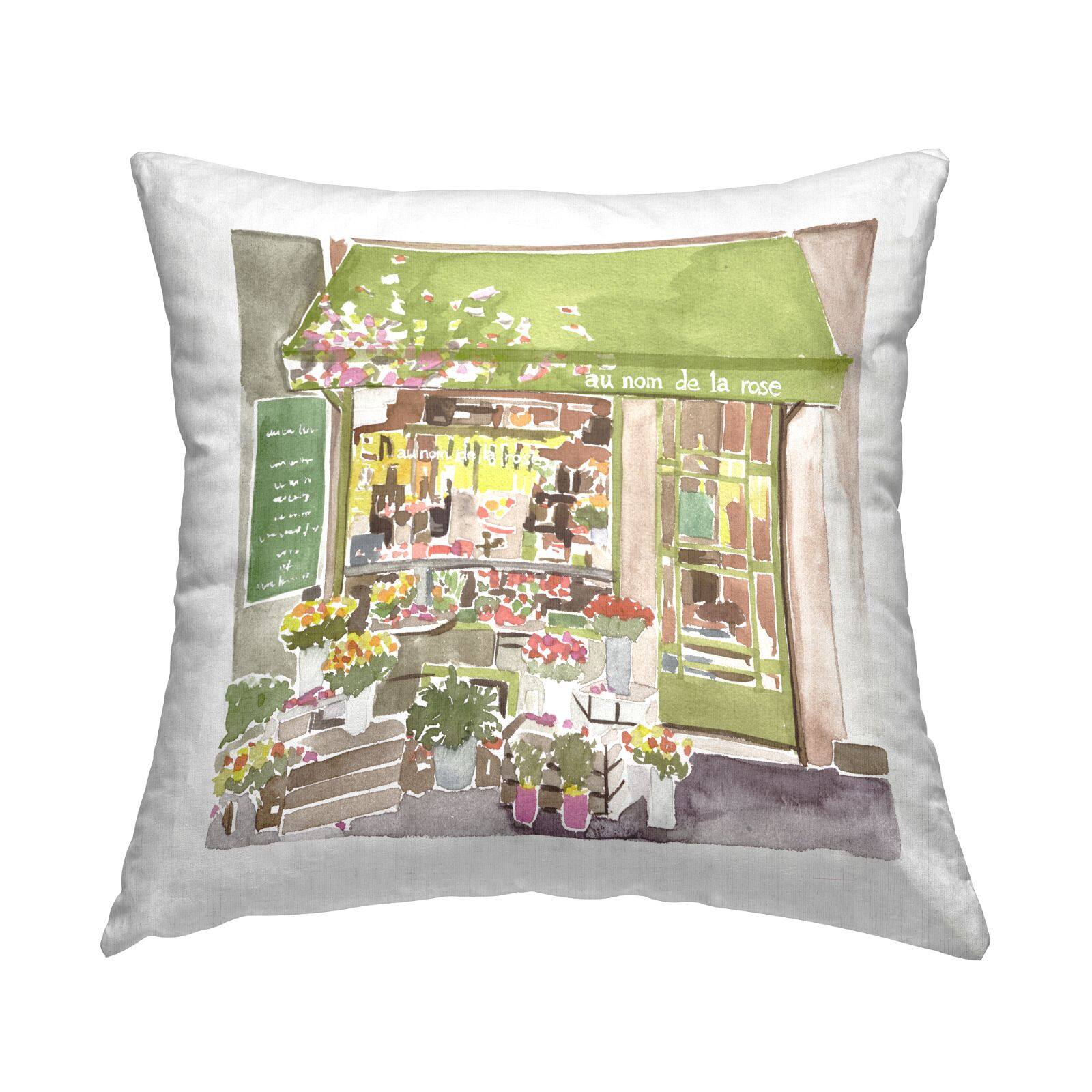 Stupell Industries French Flower Shop Green Botanical Storefront Throw Pillow, 18" x 18"