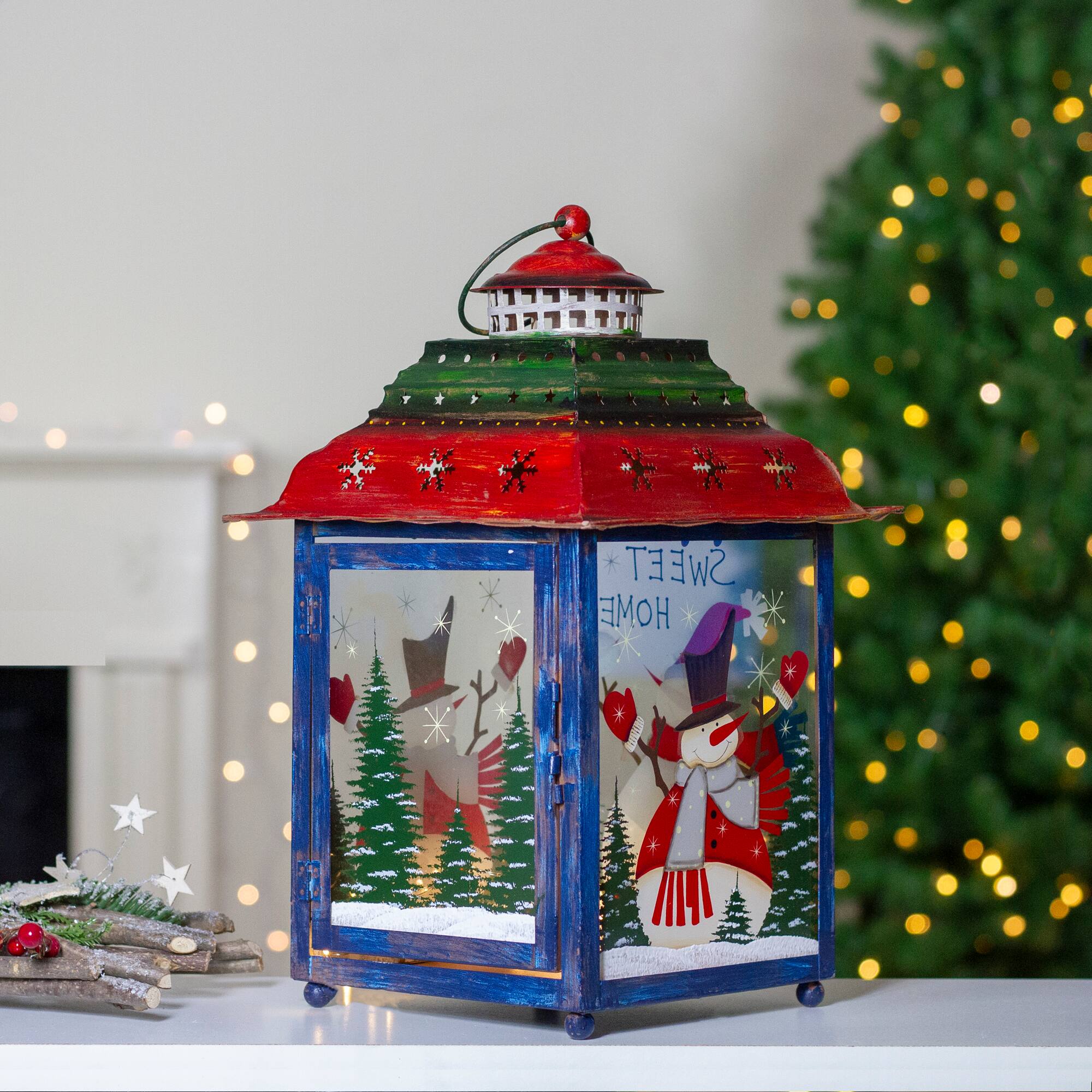 15&#x22; Red, Green &#x26; Blue Snowman Christmas Lantern
