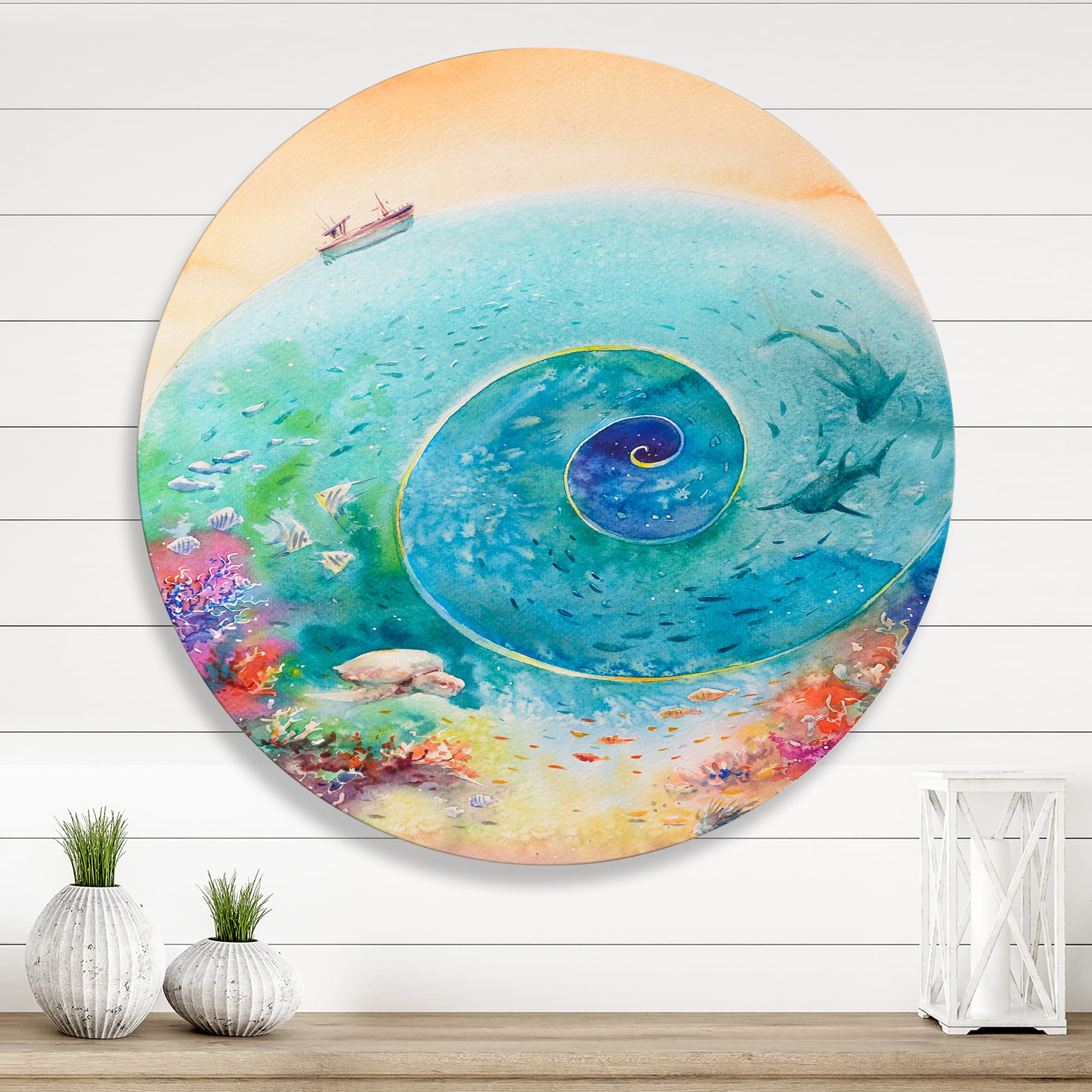Designart - Turquoise Ocean Spiral With Coral Reef Fishes - Nautical &#x26; Coastal Metal Circle Wall Art