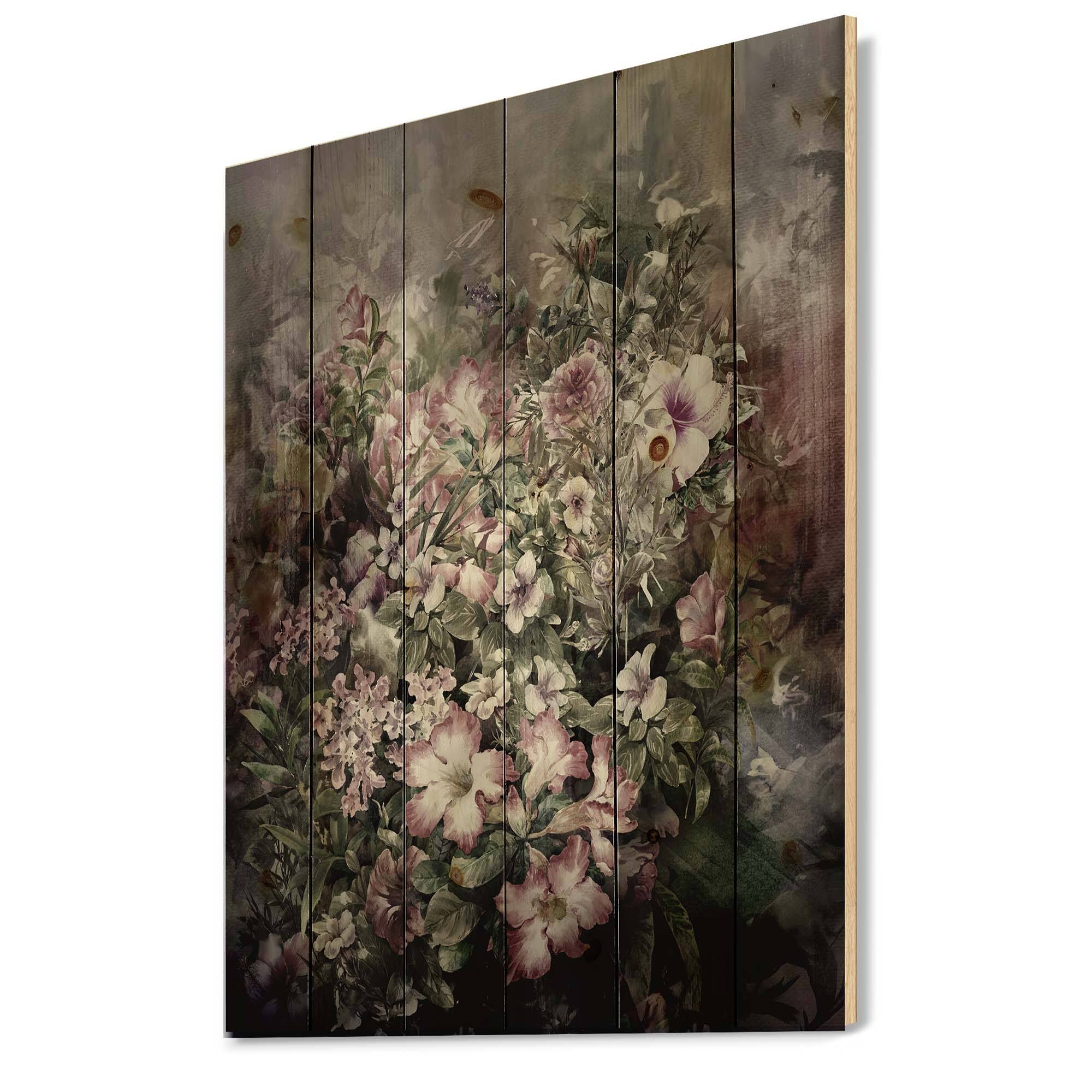 Designart - Retro Drawing of Flowers IV - Vintage Print on Natural Pine Wood