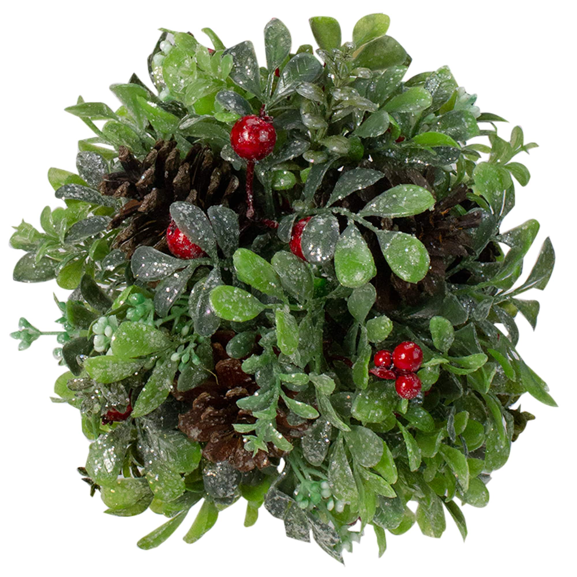 7&#x22; Green &#x26; Red Glitter Berry Pine Cone Topiary Ball Ornament