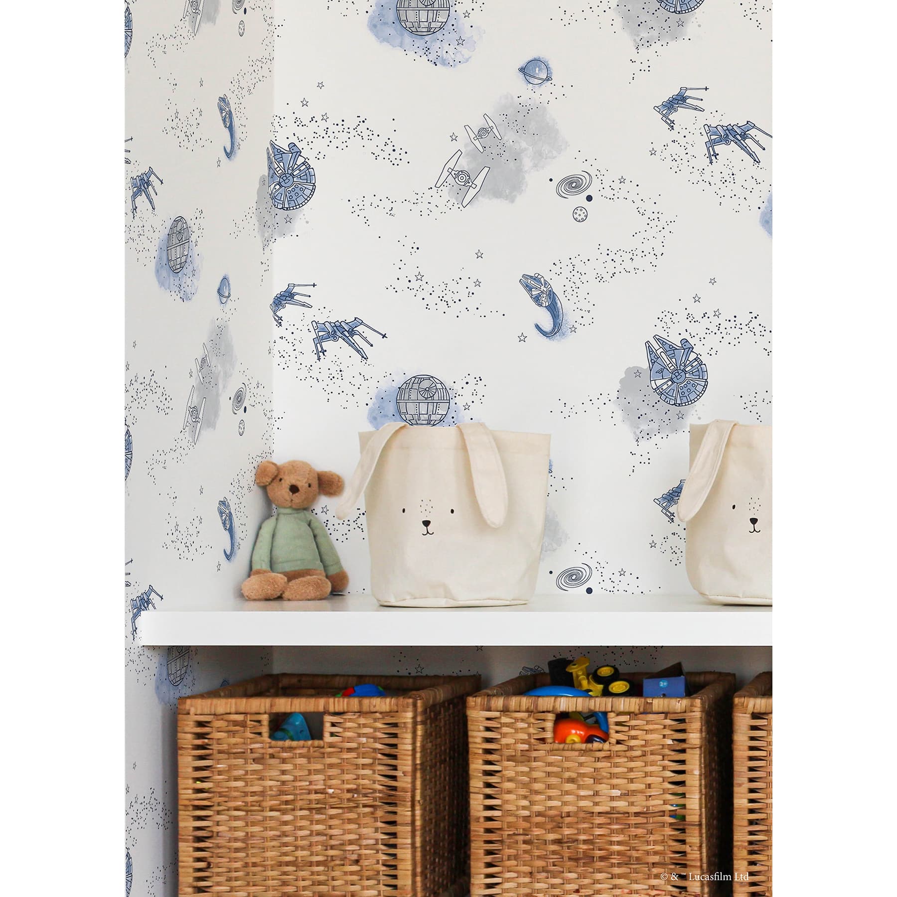 RoomMates STAR WARS Good Night Galaxy Blue and white STAR WARS&#x2122; Peel and Stick Wallpaper 20.5&#x22; x 18-ft roll covers about 30.8 sq. ft