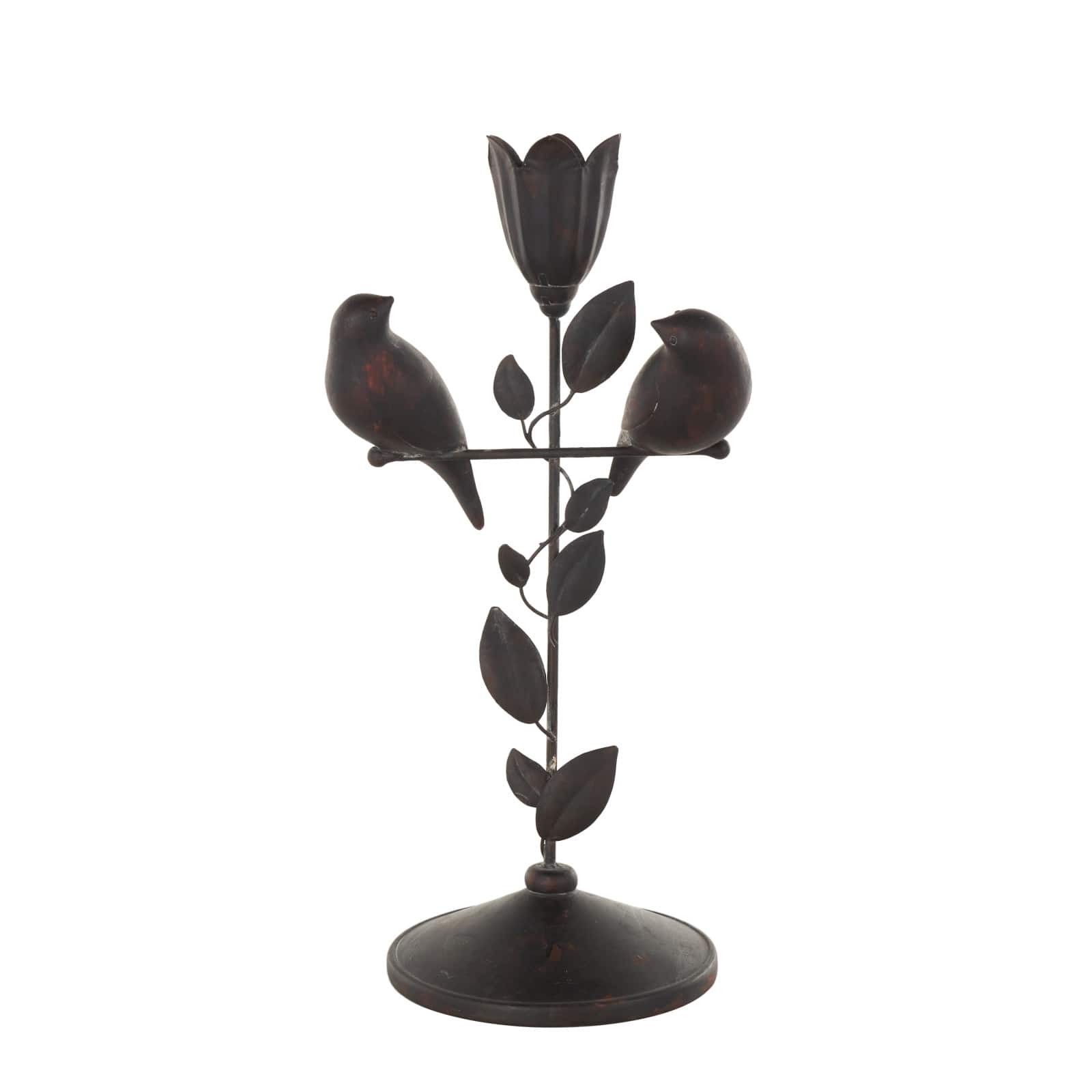 13.75" Black Bird Perching Decorative Sculpture with Leaf Vine & Copper Shading