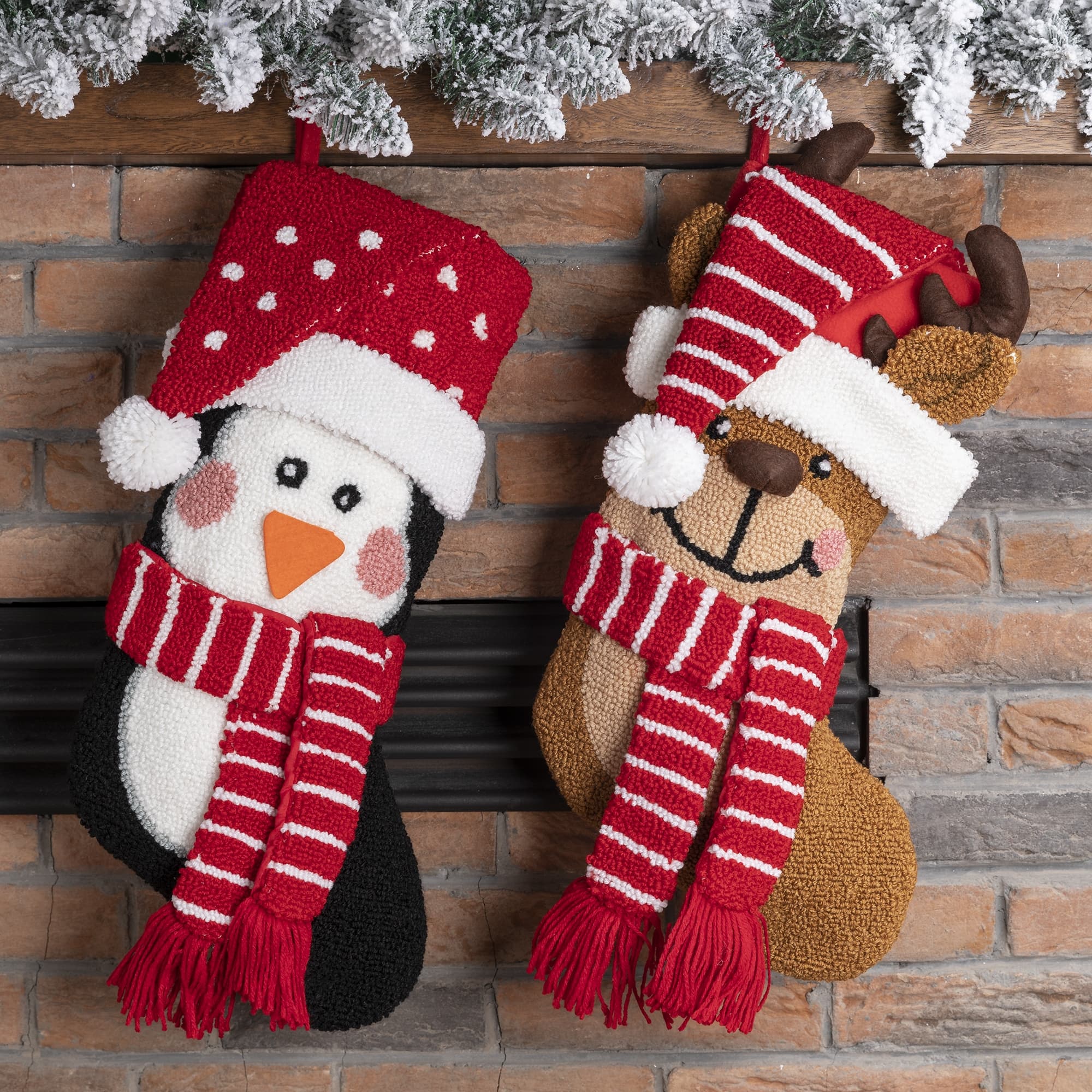 Glitzhome&#xAE; 19&#x22; Penguin &#x26; Reindeer Hooked Stocking Set