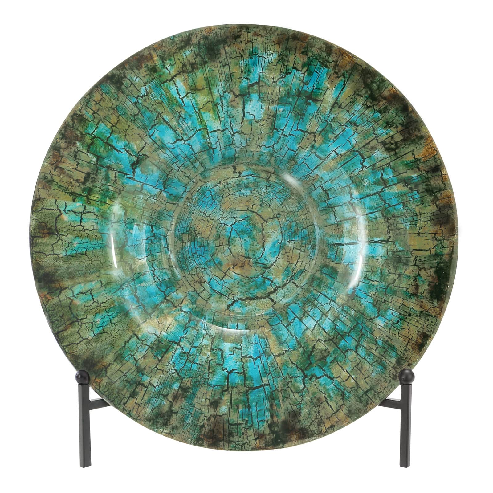 18" Green & Turquoise Glass Glam Decorative Plate with Stand