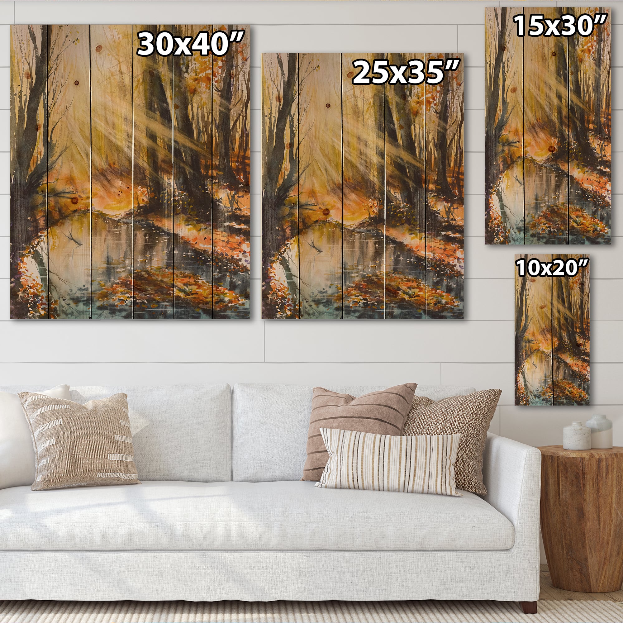 Designart - Bright Sunshine Through The Forest Trees III - Lake House Print on Natural Pine Wood