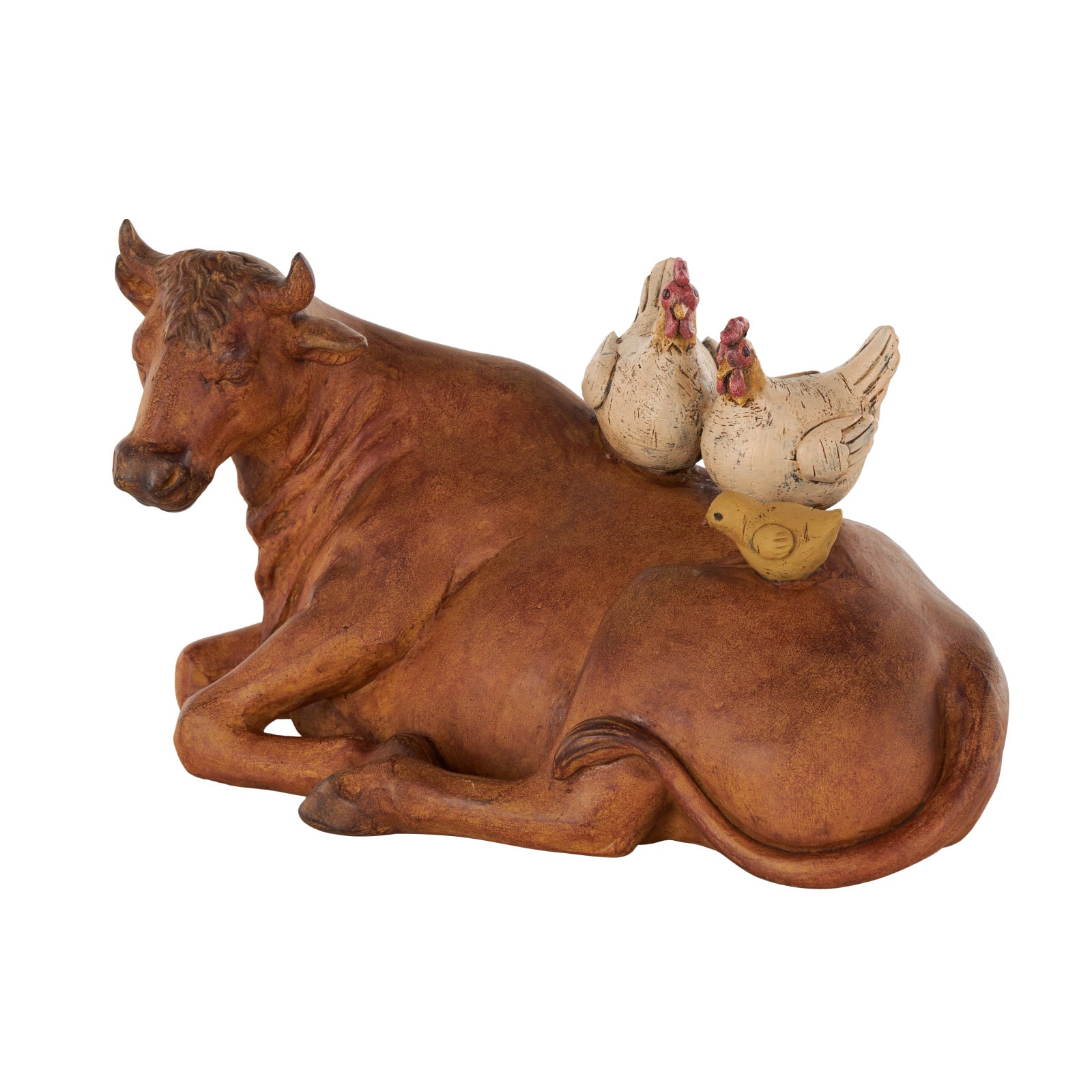 11.5" Copper Cow Decorative Sculpture with Sitting Roosters & Chicks
