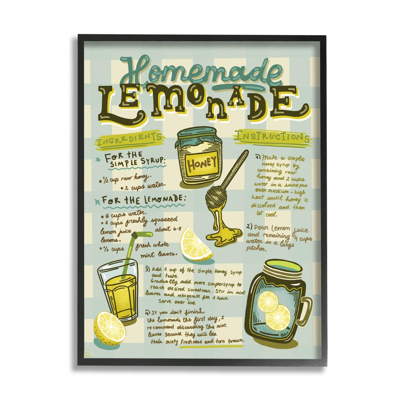Stupell Industries Homemade Lemonade Blue Picnic Plaid Vintage Drink Recipe Framed Wall Art