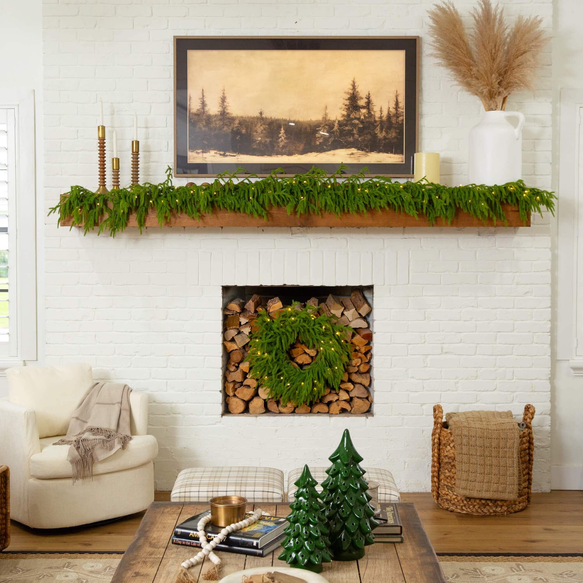 20in. Pre-Lit Artificial Real Touch Norfolk Island Pine Wreath with 35 Warm White LED Lights and Natural Look