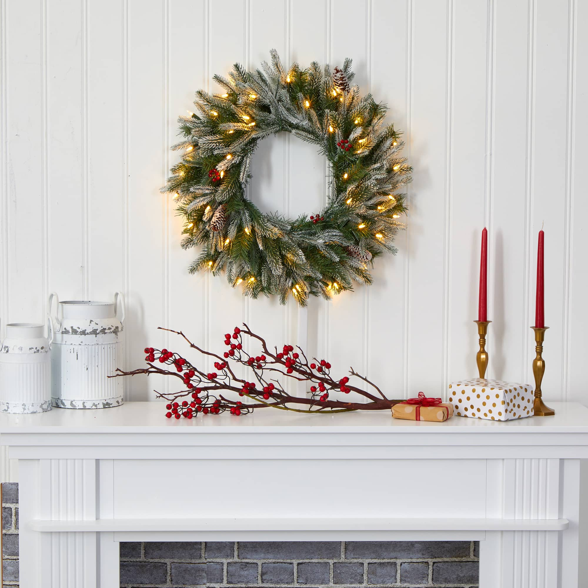 24&#x22; LED Snowed Pinecone Christmas Wreath