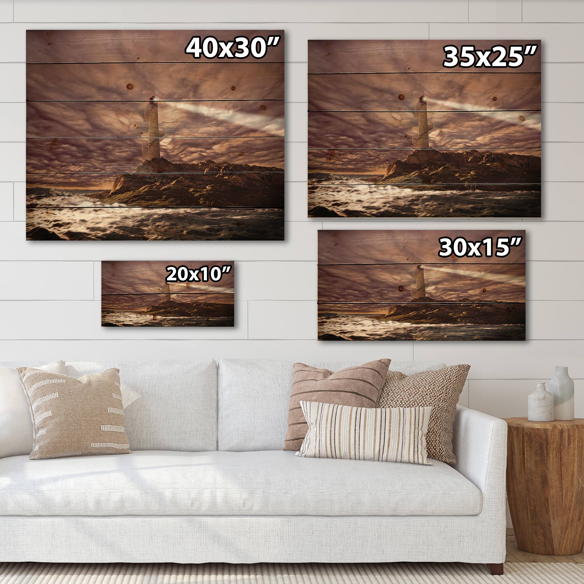 Designart - Lighthouse Shining Light During Stormy Night I - Nautical &#x26; Coastal Print on Natural Pine Wood