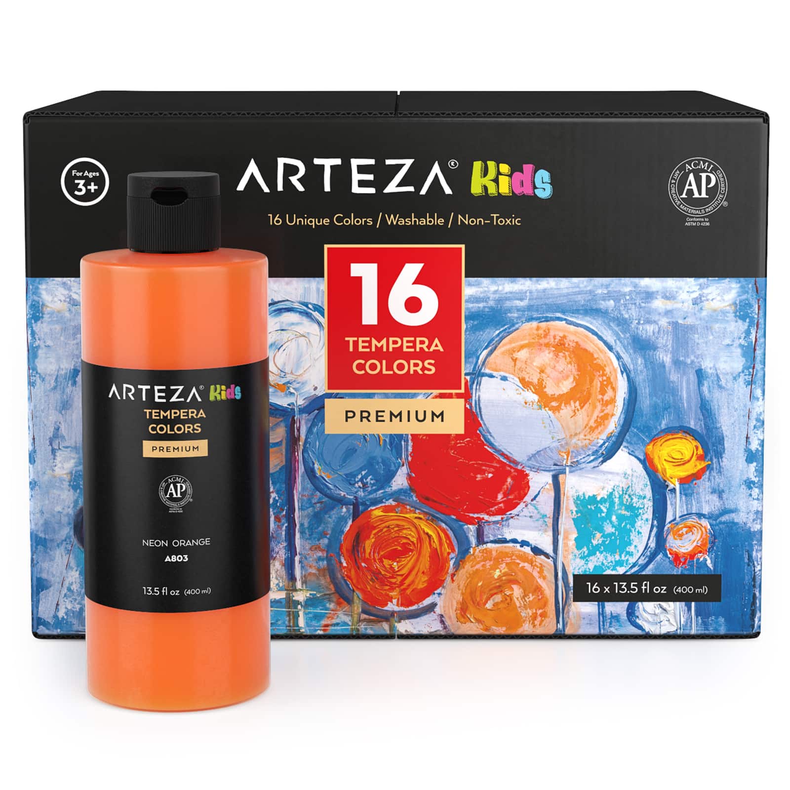 Arteza&#xAE; Kids Premium Tempera Paint, 13.5 oz/400 ml, Assorted Colors, set of 16