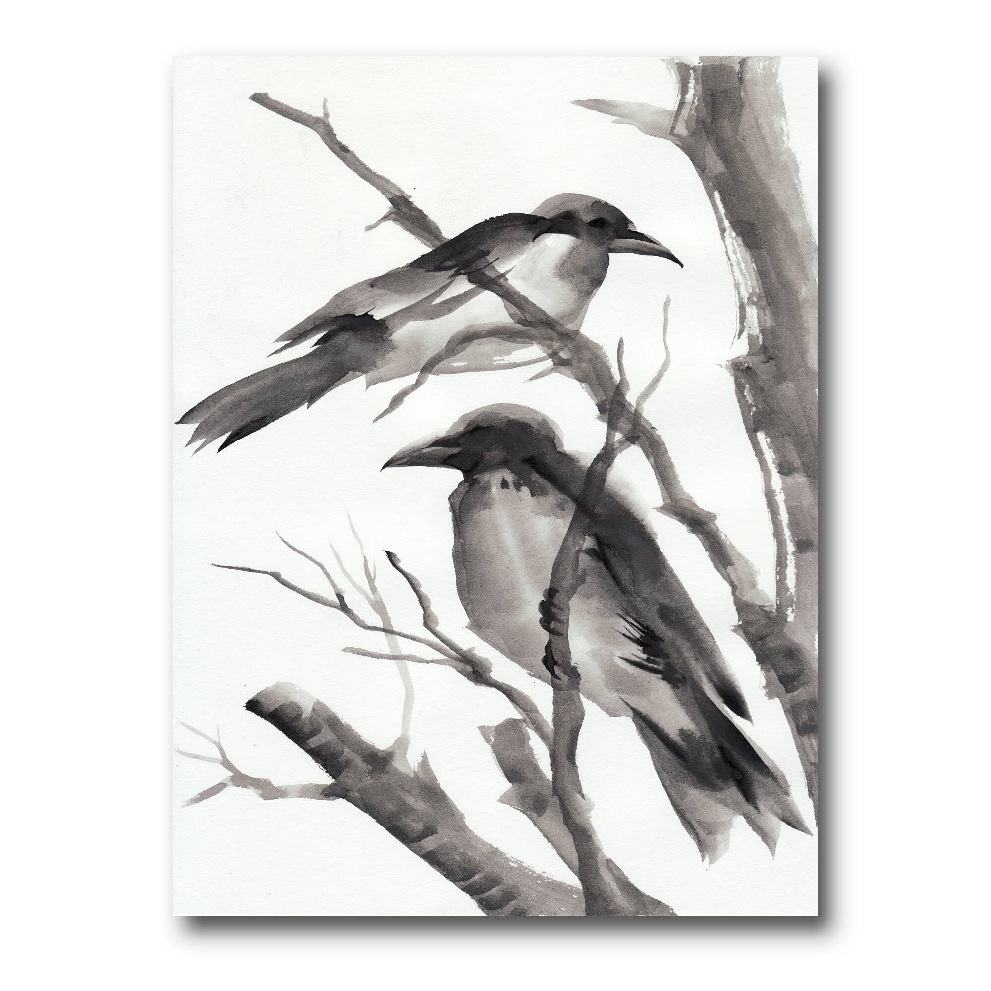 Designart - Vintage Monochrome Sleeping Crows - Traditional Canvas Wall Art Print