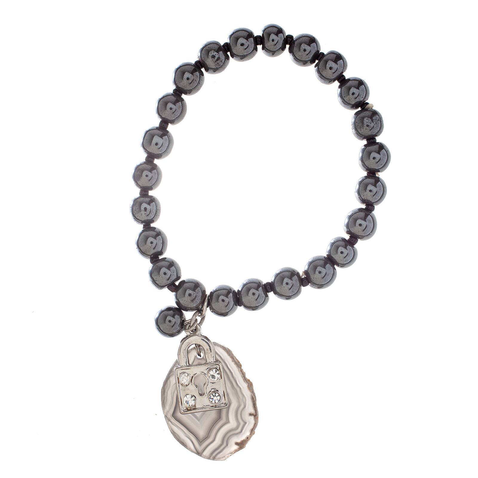 John Bead Hematite Gray Natural Stone Bracelet with Agate &#x26; Lock Charm