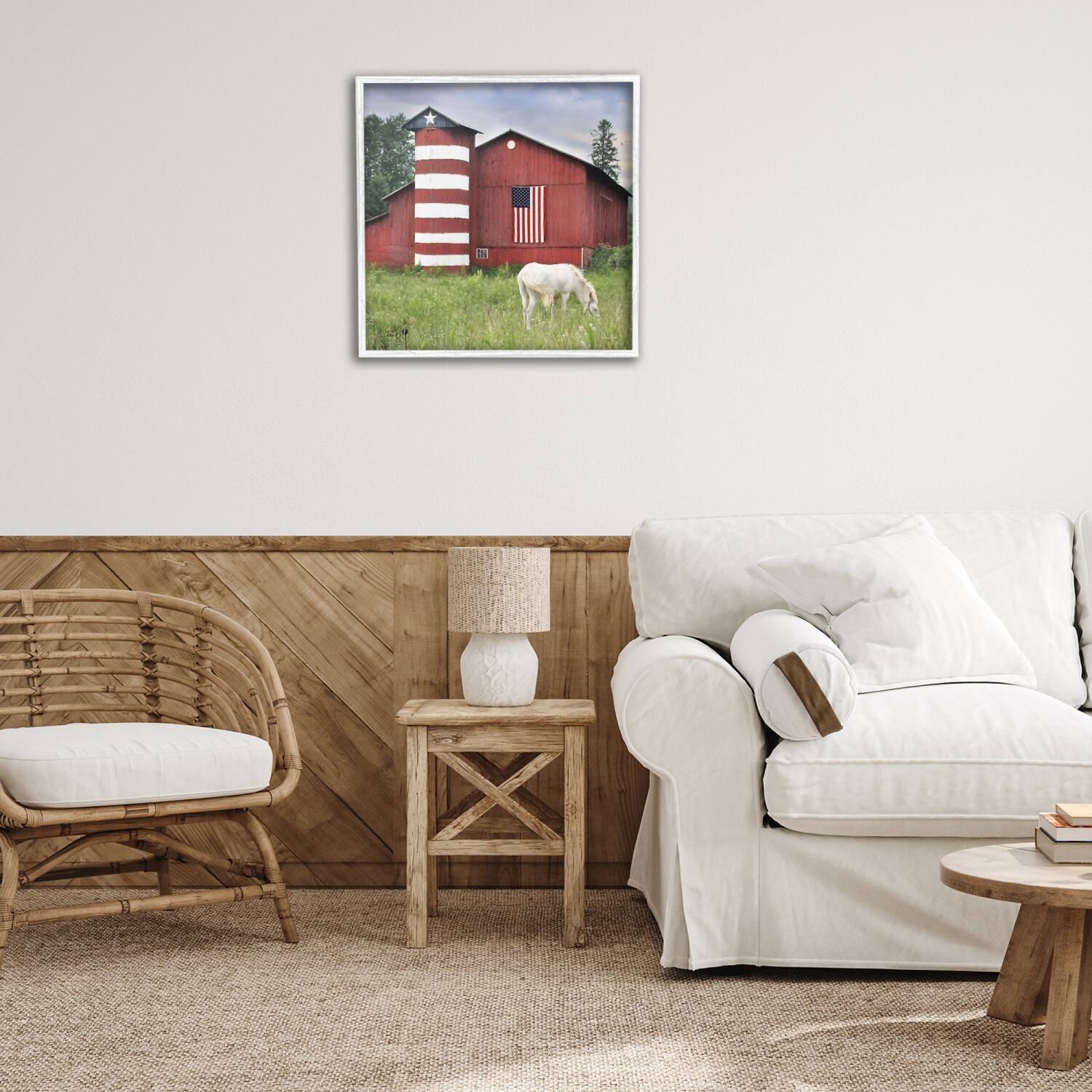 Stupell Industries Grazing White Horse Red Americana Barn Flag Framed Giclee Art