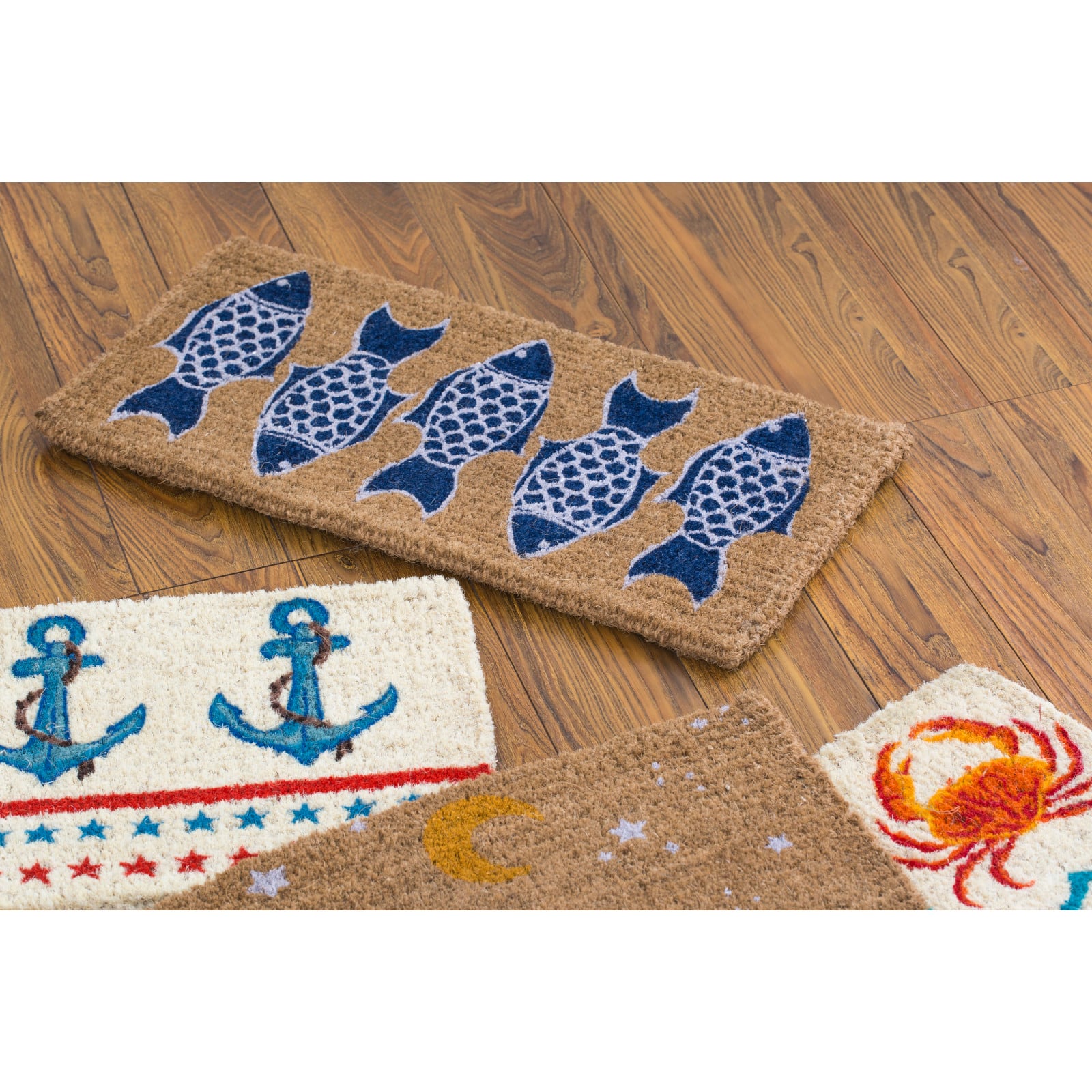 Hello Honey&#xAE; Black &#x26; White Fish Images Natural Coir Doormat