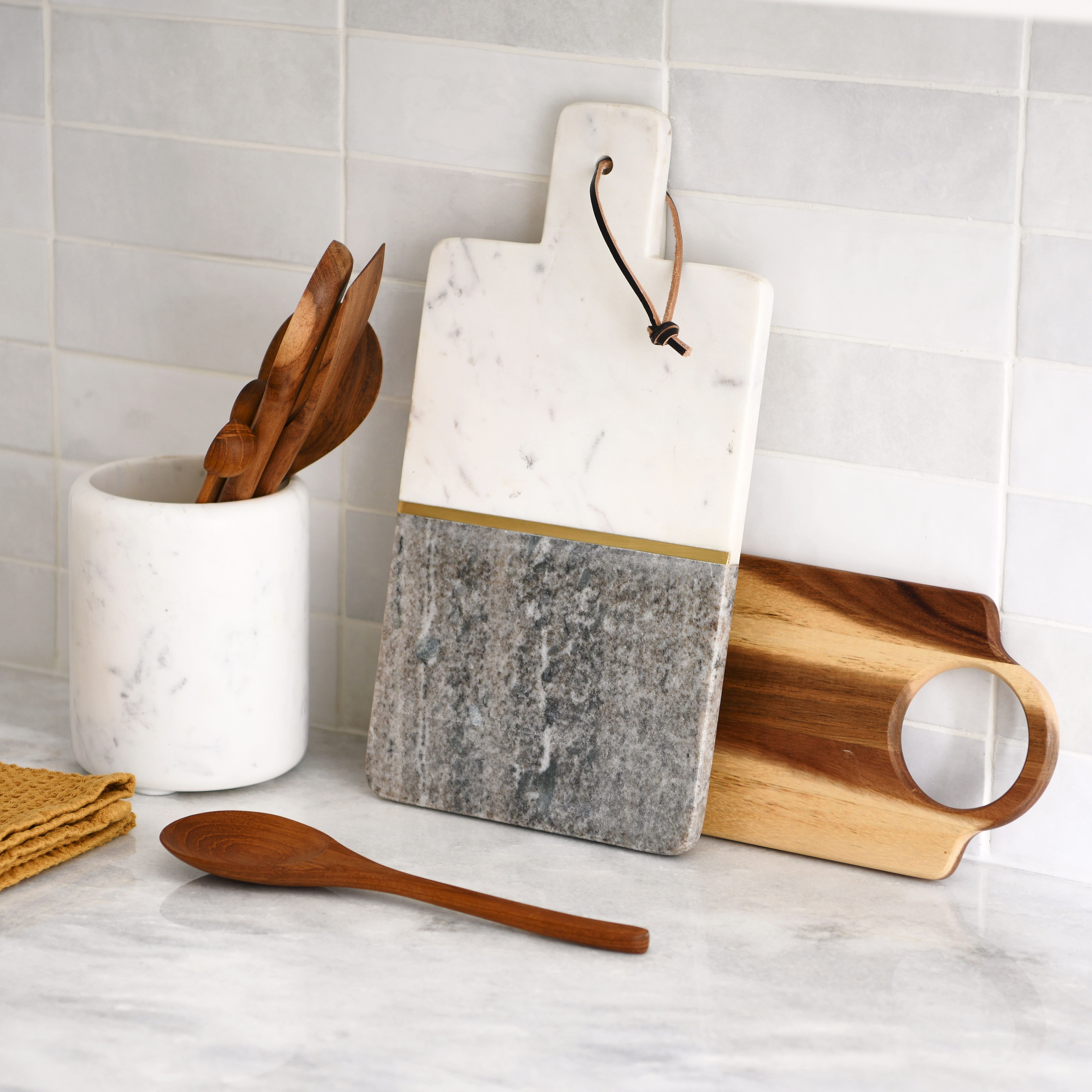 15&#x22; Gray and White Boho 2-Tone Marble Charcuterie or Cutting Board with Brass Inlay and Leather Tie