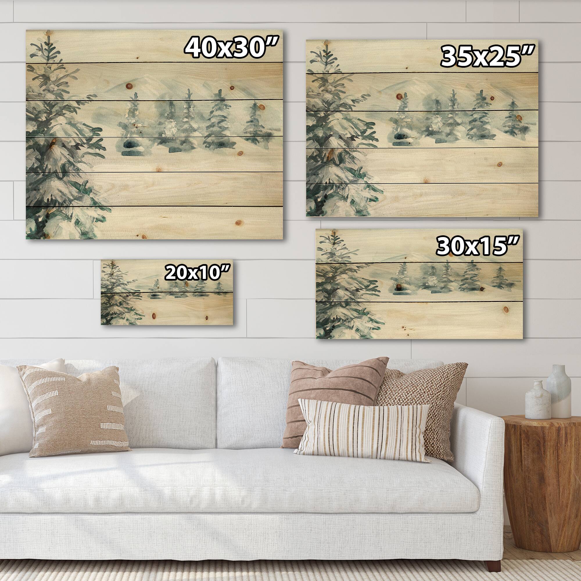 Designart - Snowy Pine Trees - Traditional Print on Natural Pine Wood