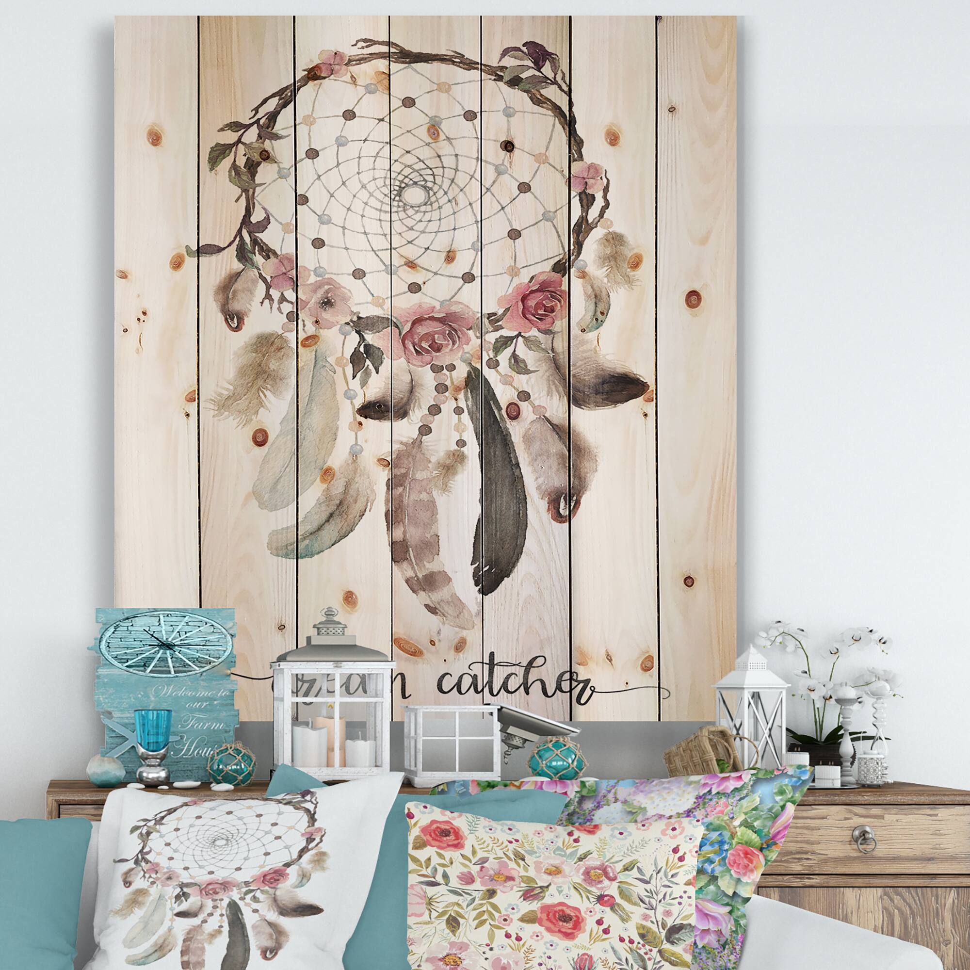 Designart - Dream Catcher With Ethnic Feathers - Bohemian &#x26; Eclectic Print on Natural Pine Wood