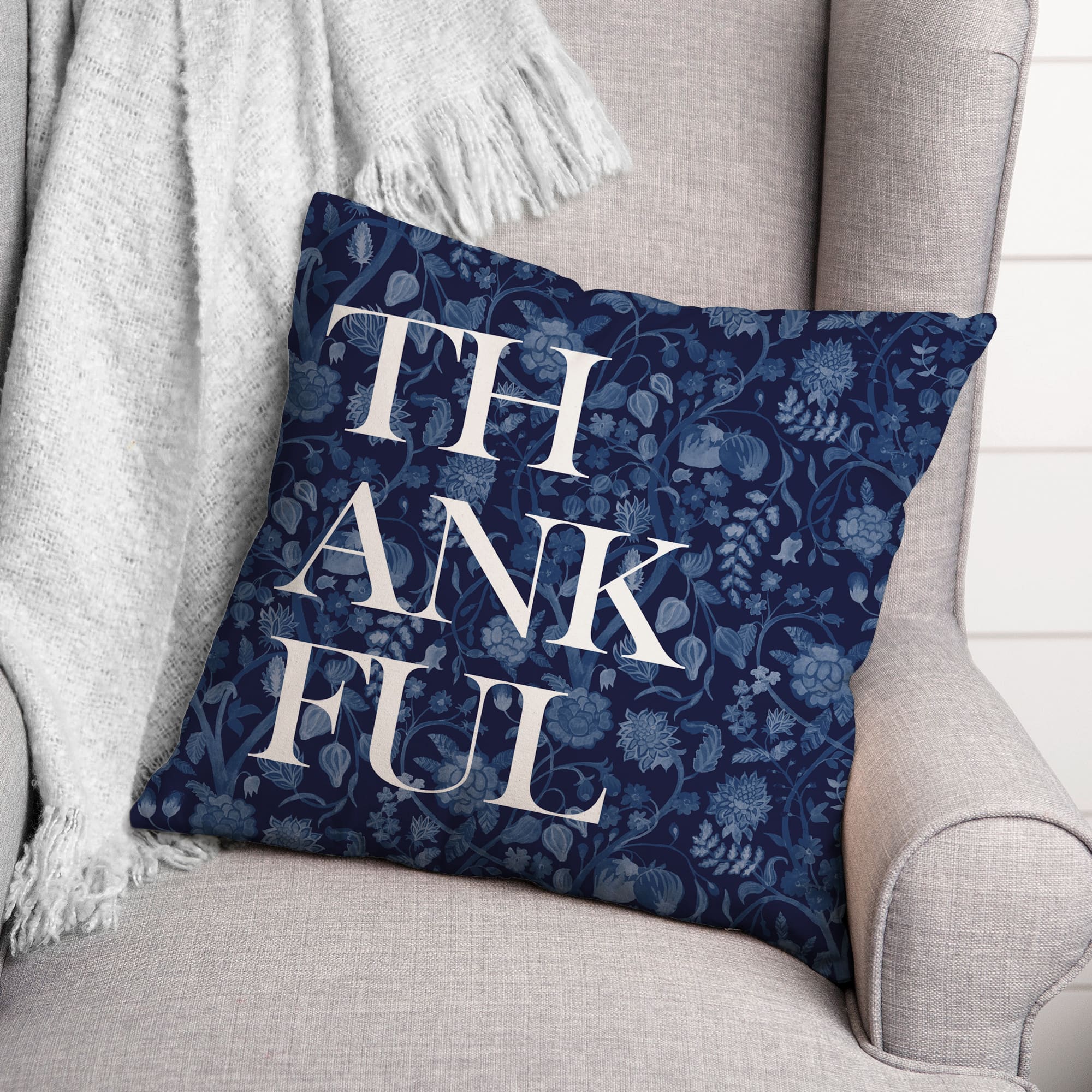 Blue Thankful Floral Pillow