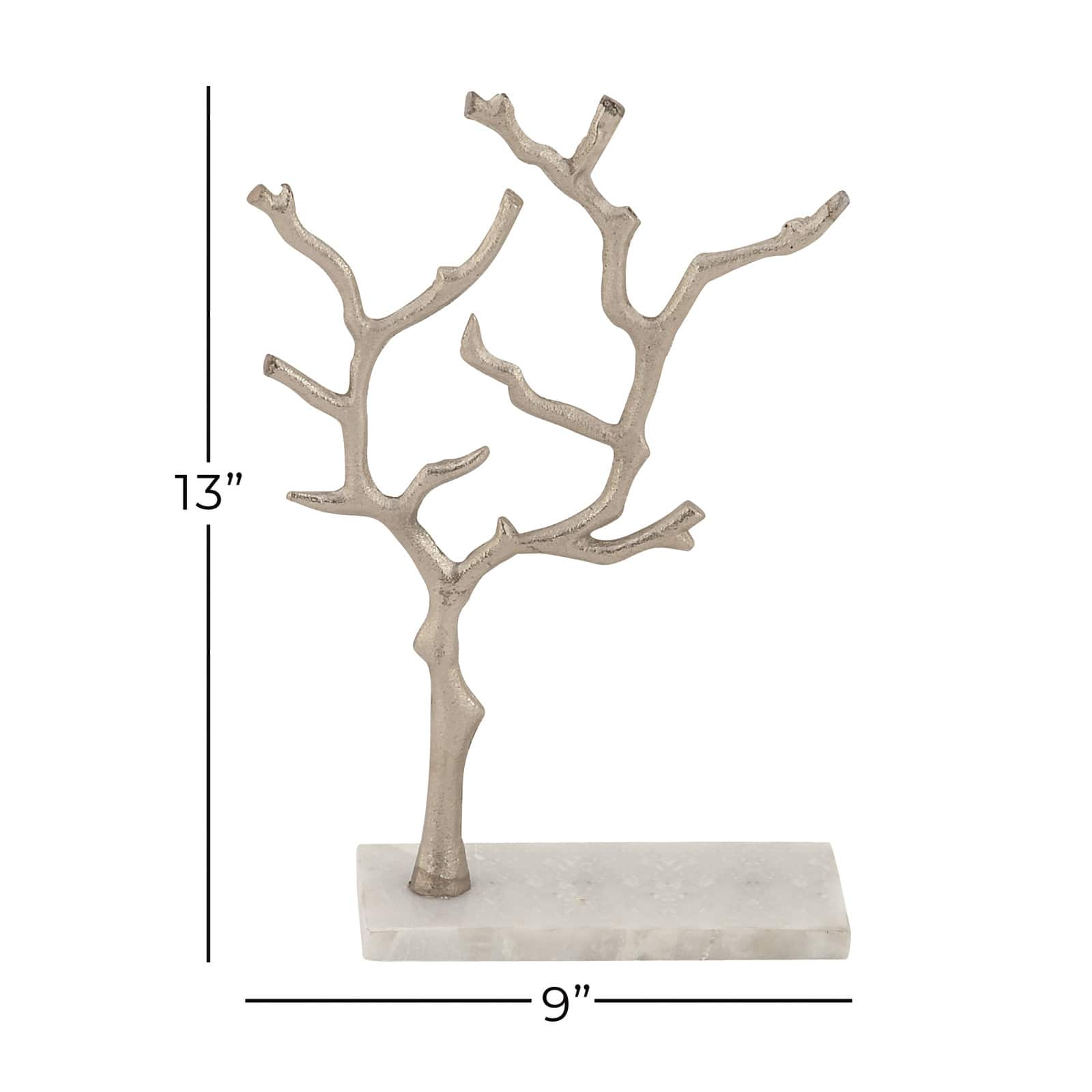 Silver Metal Tree Branch Jewelry Stand With Marble Base, 13&#x22; x 9&#x22; x 3&#x22;