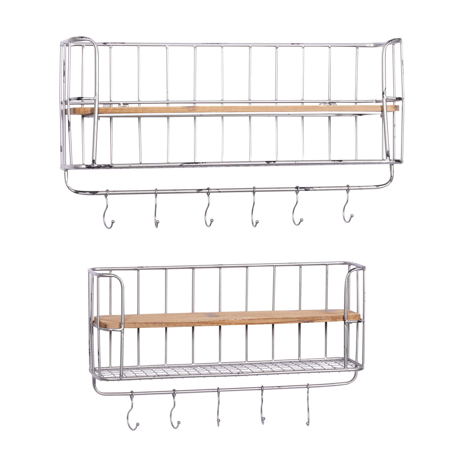 Set of 2 Silver Metal Basket & Wooden Wall Shelf Units With Hooks