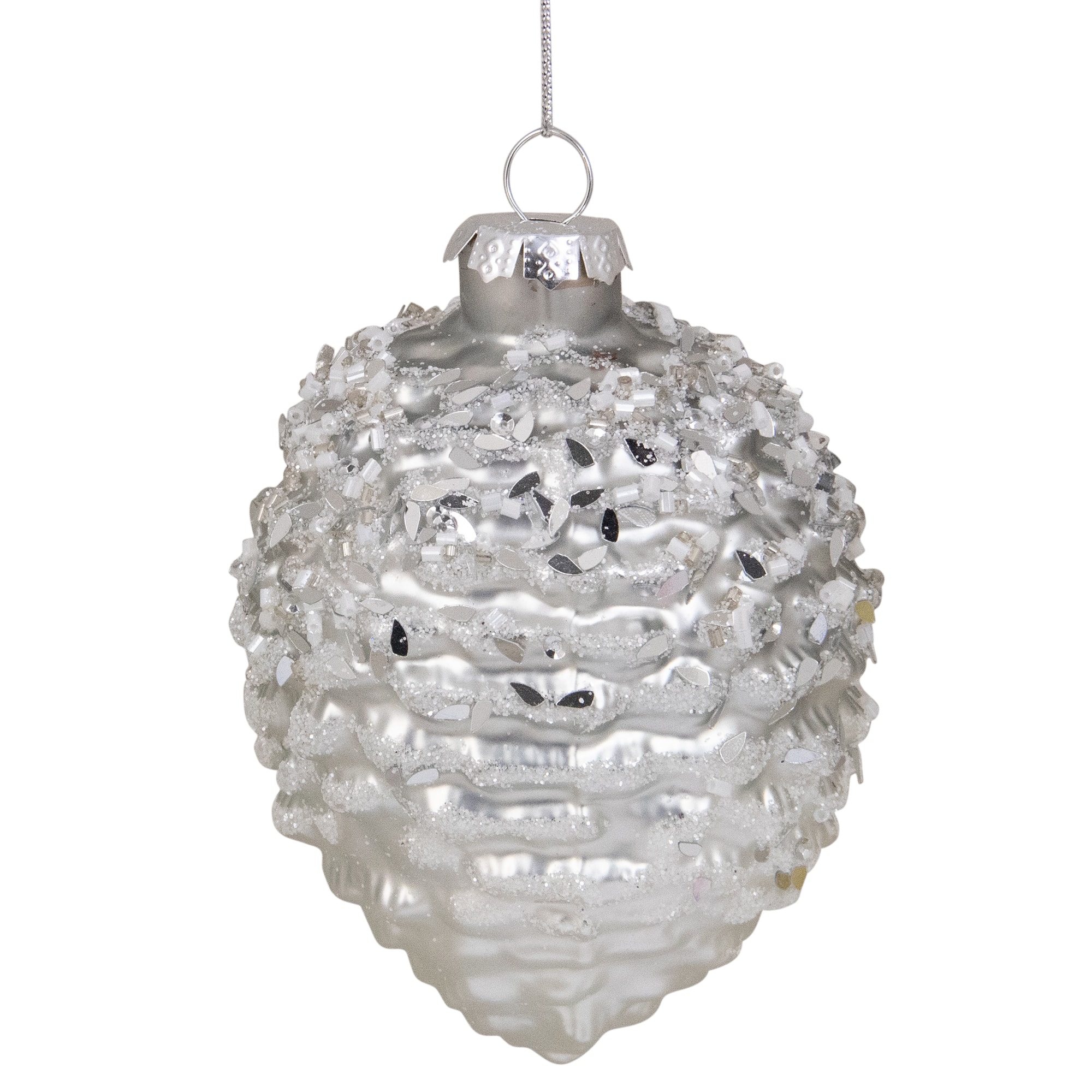 Glittered Half Pine Cone Glass Christmas Ornament - 4" - Silver