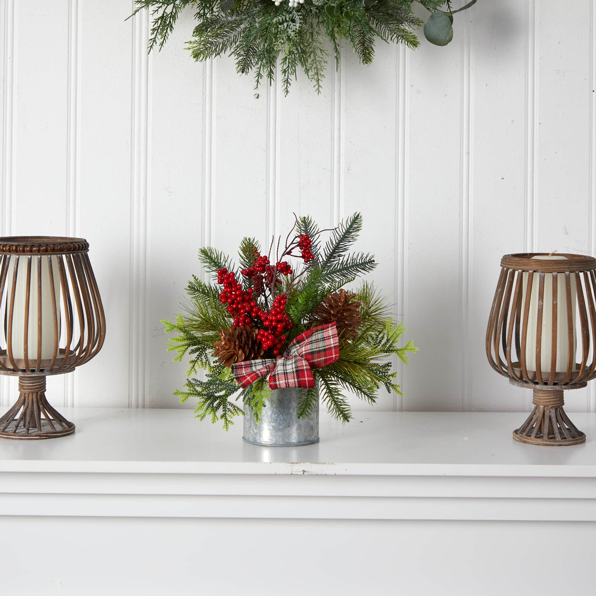 12&#x22; Holiday Winter Pinecones, Berries, Greenery &#x26; Plaid Bow Arrangement