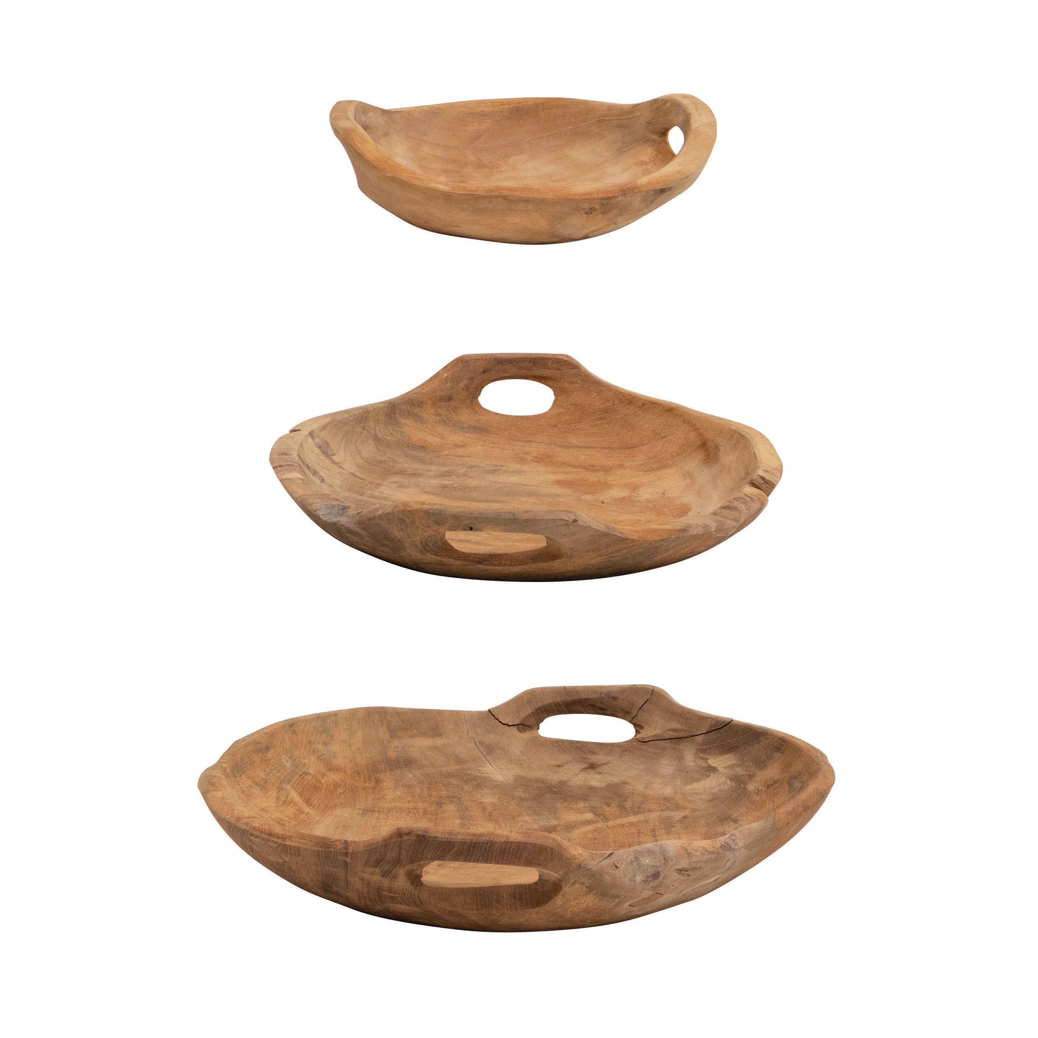 Teak Wood Bowls with Handles Set