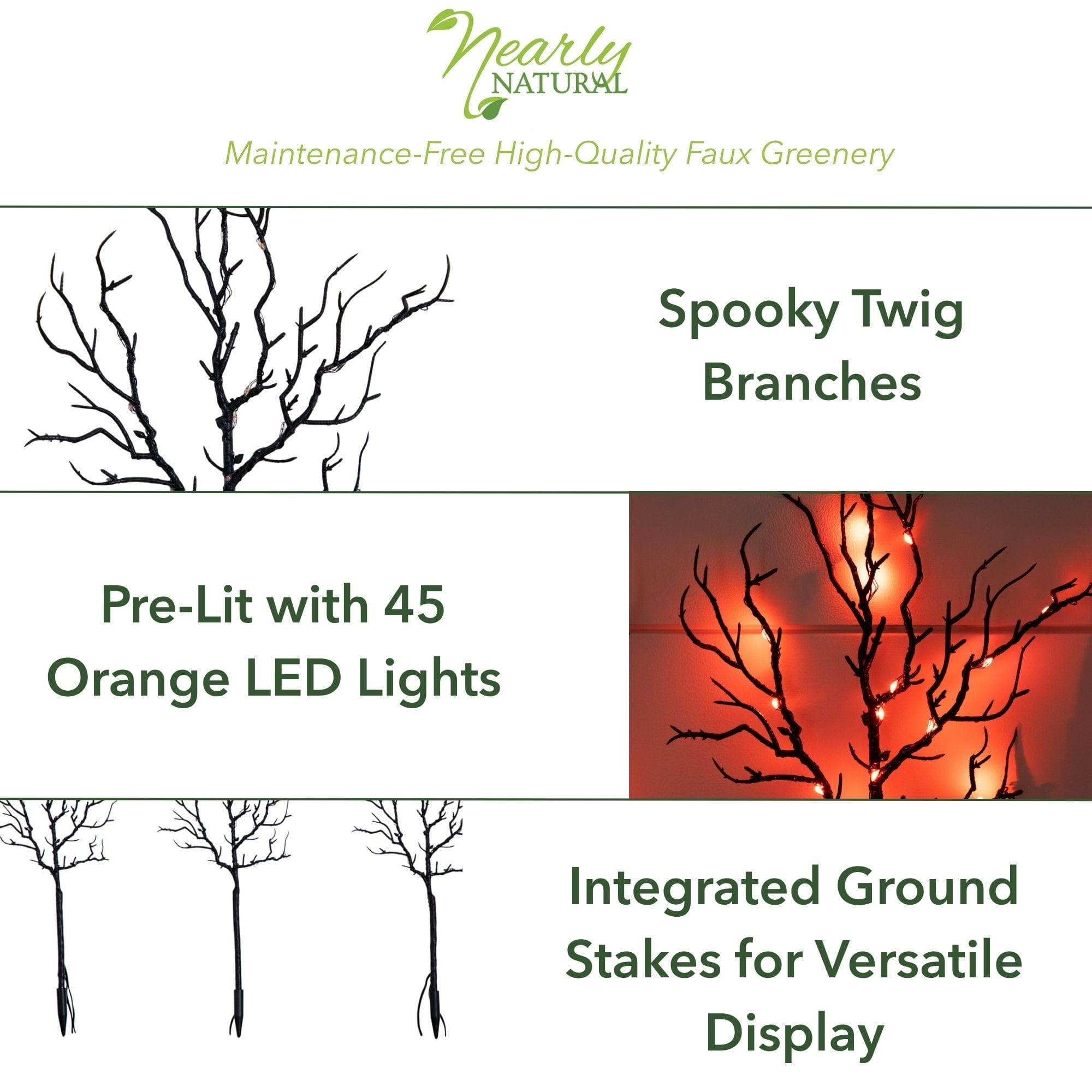 14in. Pre-Lit Artificial Halloween Black Twig Branches with 45 Orange LED Lights and Integrated Ground Stake - Set of 3