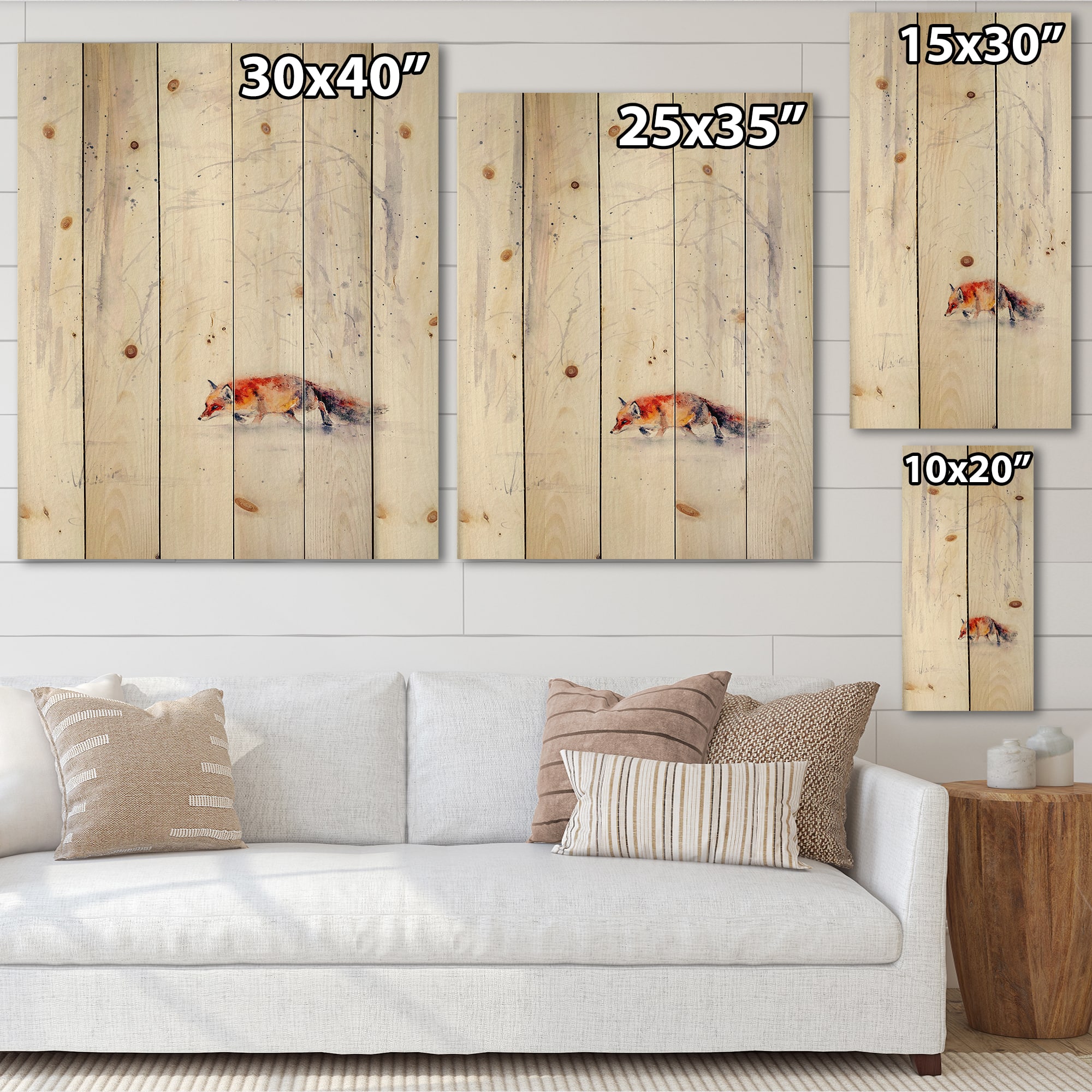 Designart - Red Fox Running In White Snow II - Farmhouse Print on Natural Pine Wood