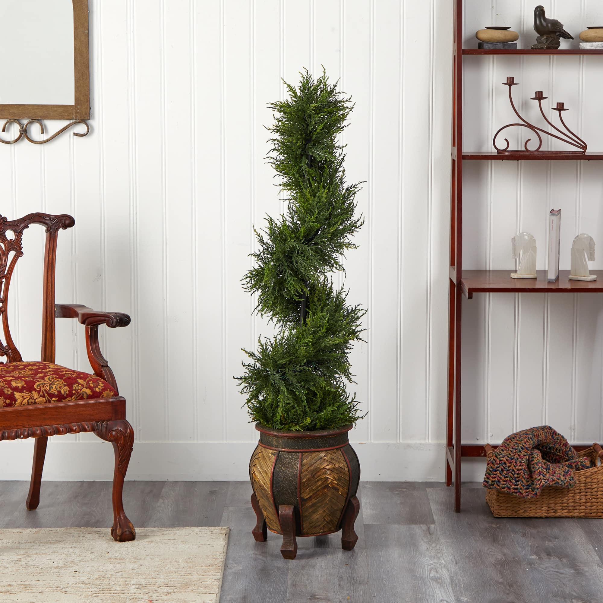 4.5ft. Pre-Lit Spiral Cypress Artificial Christmas Tree in Decorative Planter, Clear LED Lights