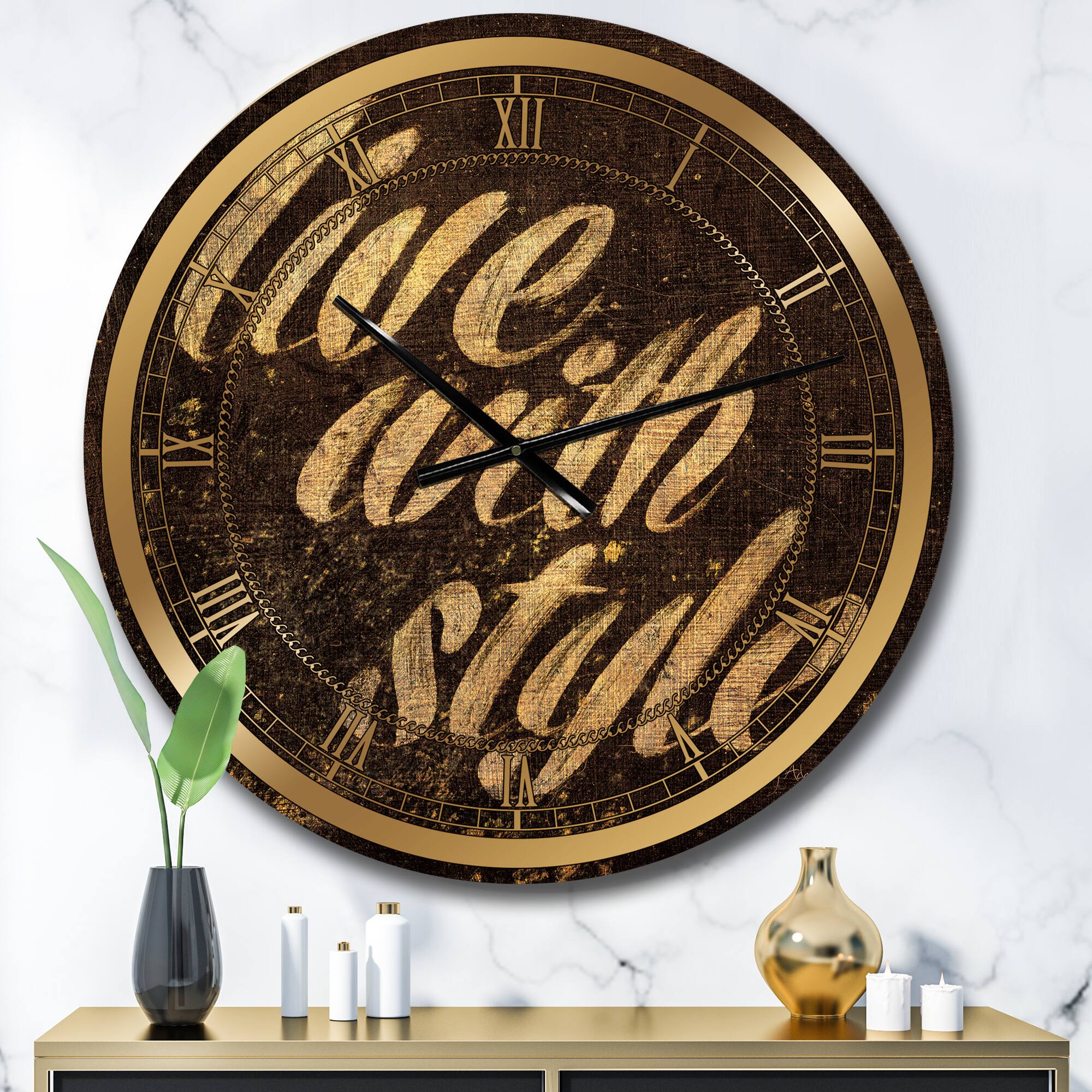 Designart 'Gold Glam Live With Style Quotes Glam Wall Clock